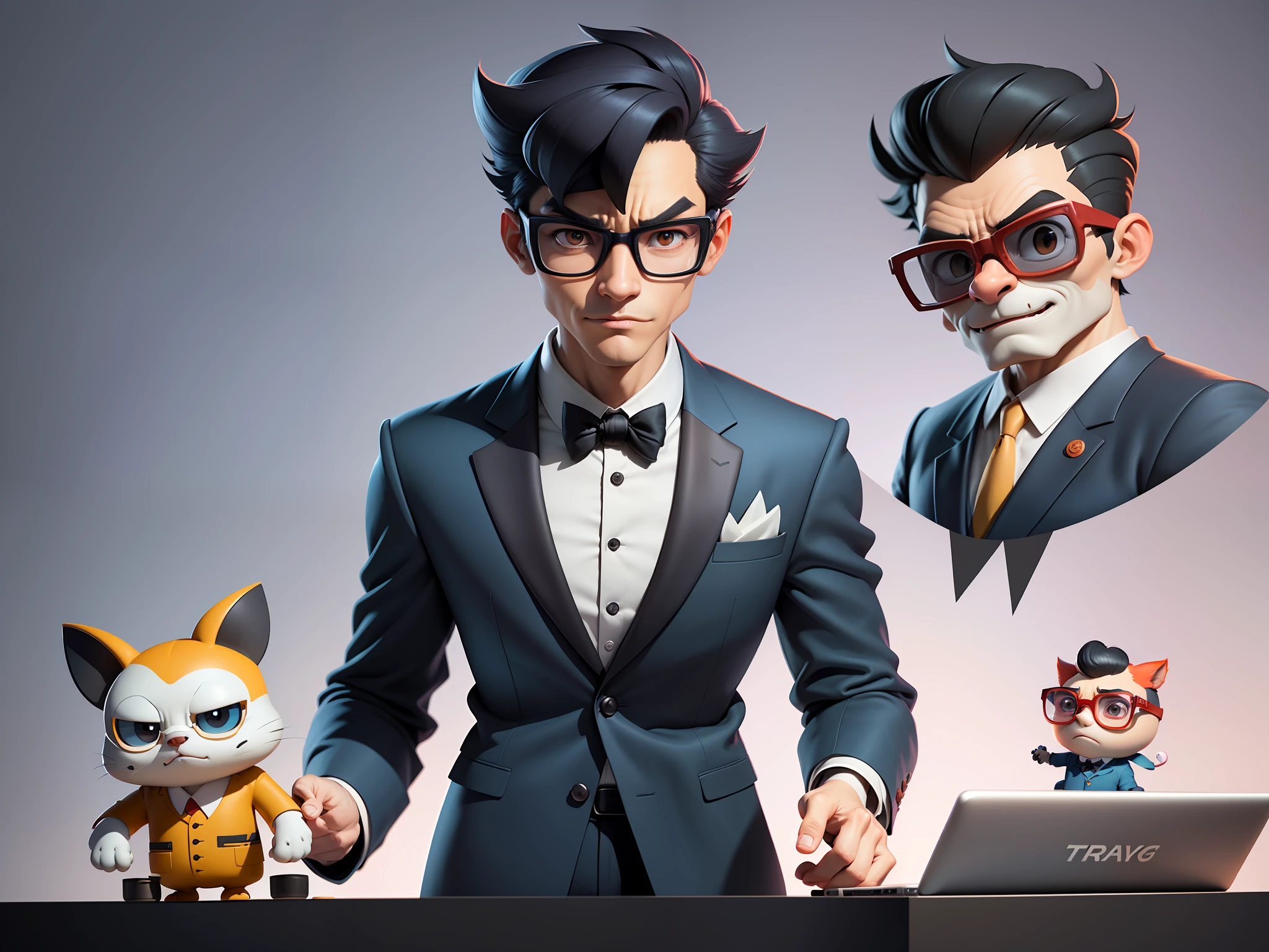 A young man in a suit and pants, Short hair and glasses sat at his desk,holding laptop,digitial painting,tigre,3D character design by Mark Clairen and Pixar and Hayao Miyazaki and Akira Toriyama,4K HD illustration,Very detailed facial features and cartoon-style visuals。