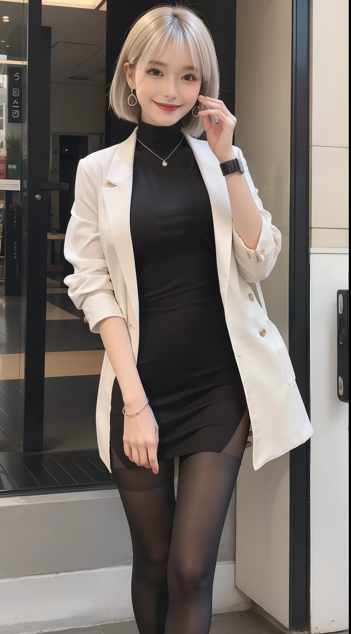 (Smiling Female Teacher 1.5),(true to life,Photorealistic 1.5),((best qualtiy, 8K, tmasterpiece:1.3)),SLR camera (二重まぶた,largeeyes:1.3),(smile1.5),(Full body photo 1.5)(One person 1.5)Clear focus 1.2, Perfect body beauty:1.4 , Delicate skin1.1,(Short silver-white hair 1.6),(Bangs 1.4),(Pure desire 1.3)(Black pantyhose 1.5)(The leg length is one meter two,1.5),offcial dress,Slender legs,high-heels,With earrings,Wristband jade bracelet,cocktail party