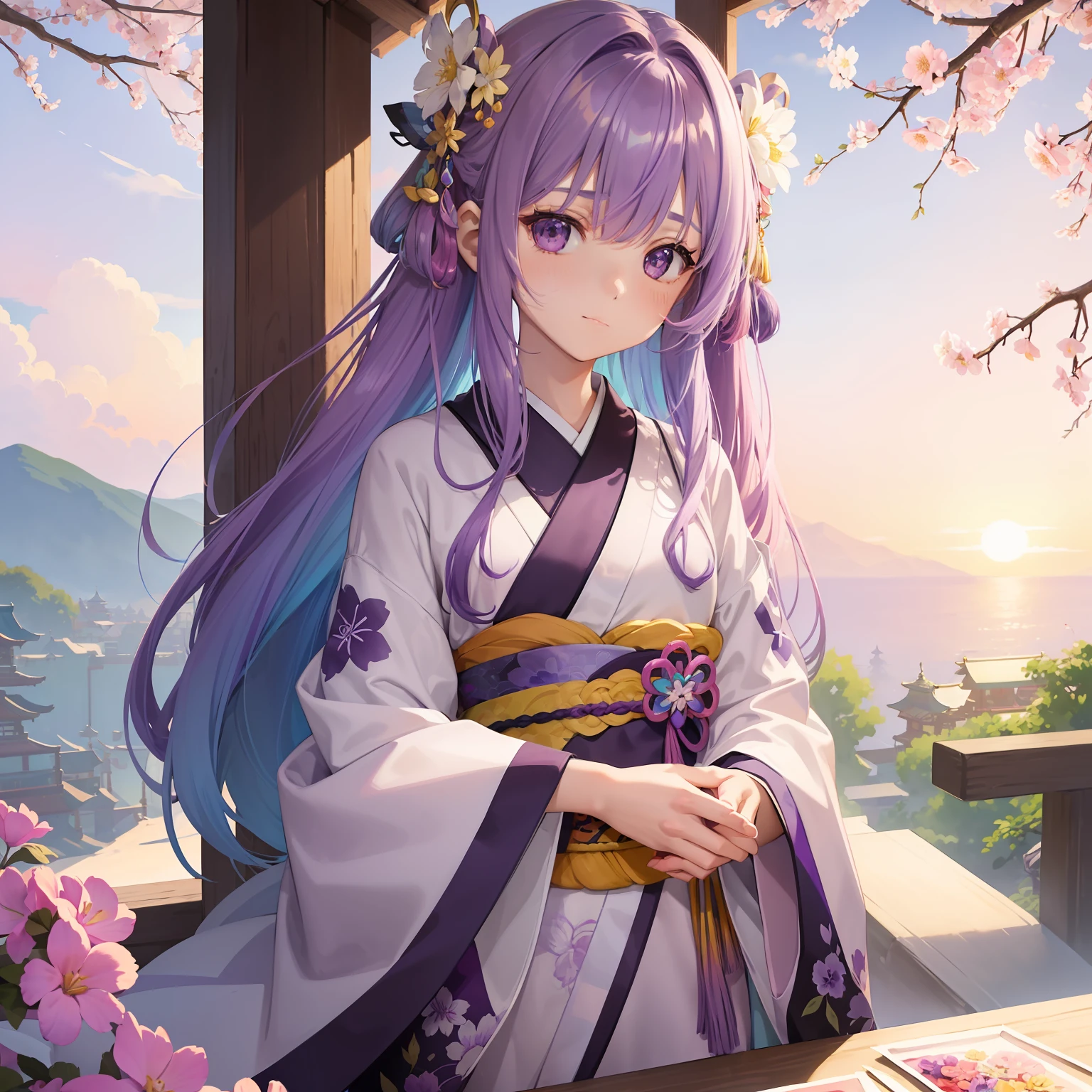 watercolor paiting(Beautifully Aesthetic:1.2)、(1girl in:1.3)、(colourful hair、Hair like a gradient、Half purple、Half Light Purple:1.2)、natta、colourfull、Fantastical、Hagi flower、A lot of hagi flowers are blooming、Purple and jade kimono、Pensive、Looks a little lonely、Loneliness、shrines、Beautiful sunset