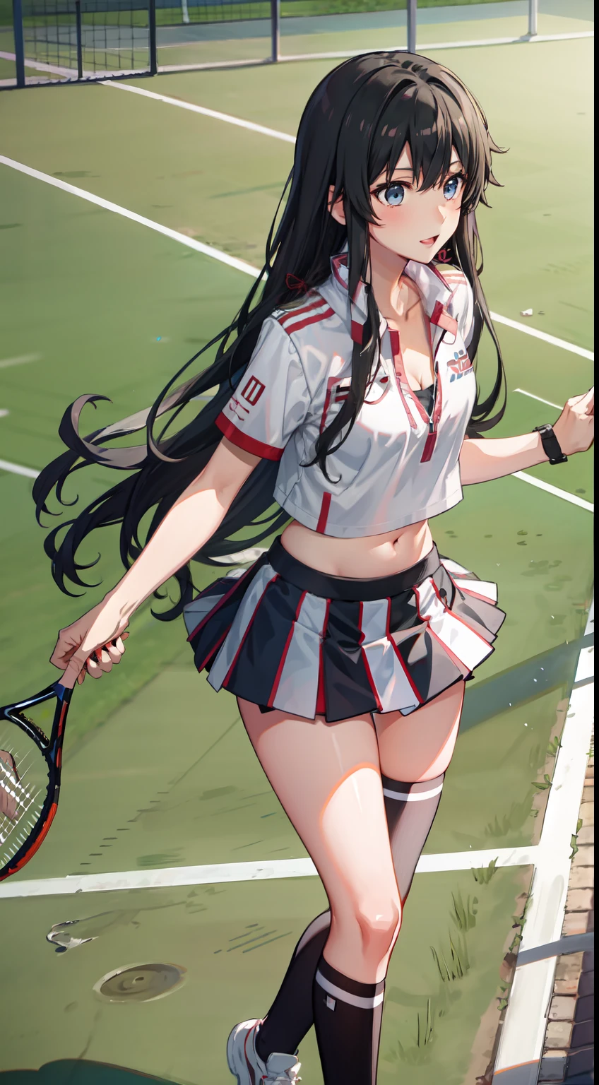 Yukino yukinoshita, long hair, cleavage, navel, slim legs, black hair, blue eyes,  short skirt, thigh high socks, teen, happy, tennis player uniform, park, Belly