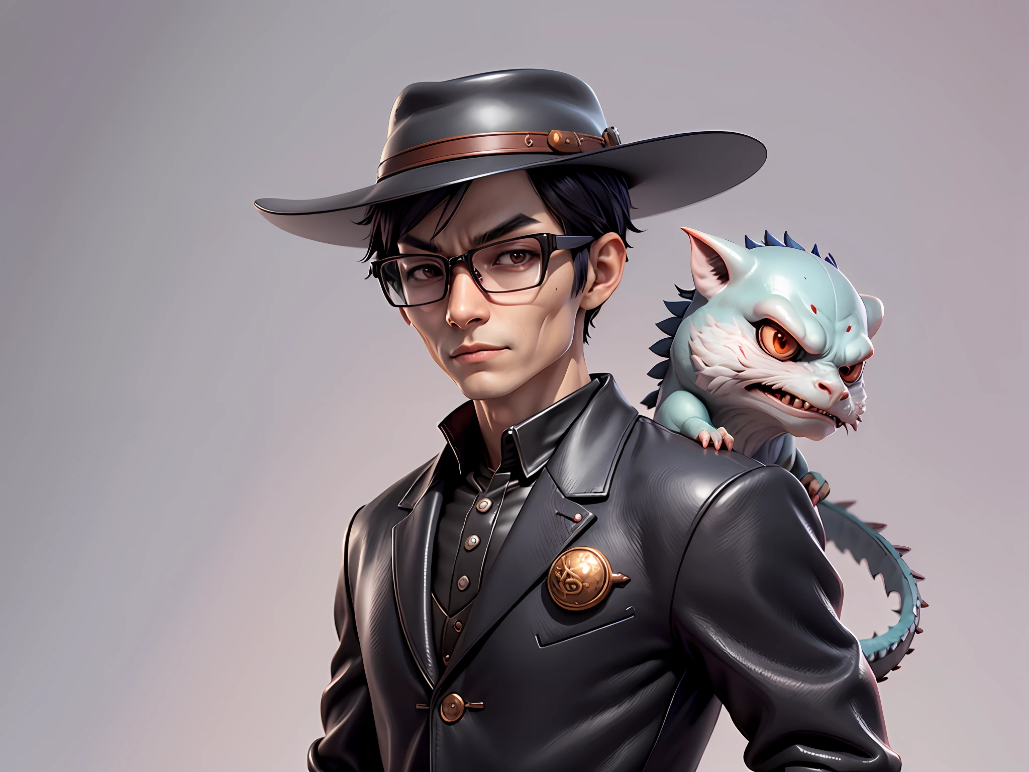 Young man with oriental face in leather hat, dragon, formal suit, short black hair, silver glasses, digital painting, 3D character design by Mark Clairedon and Pixar and Hayao Miyazaki and Akira Toriyama, the illustration is a high-definition illustration in 4K resolution with very detailed facial features and cartoon-style visuals.