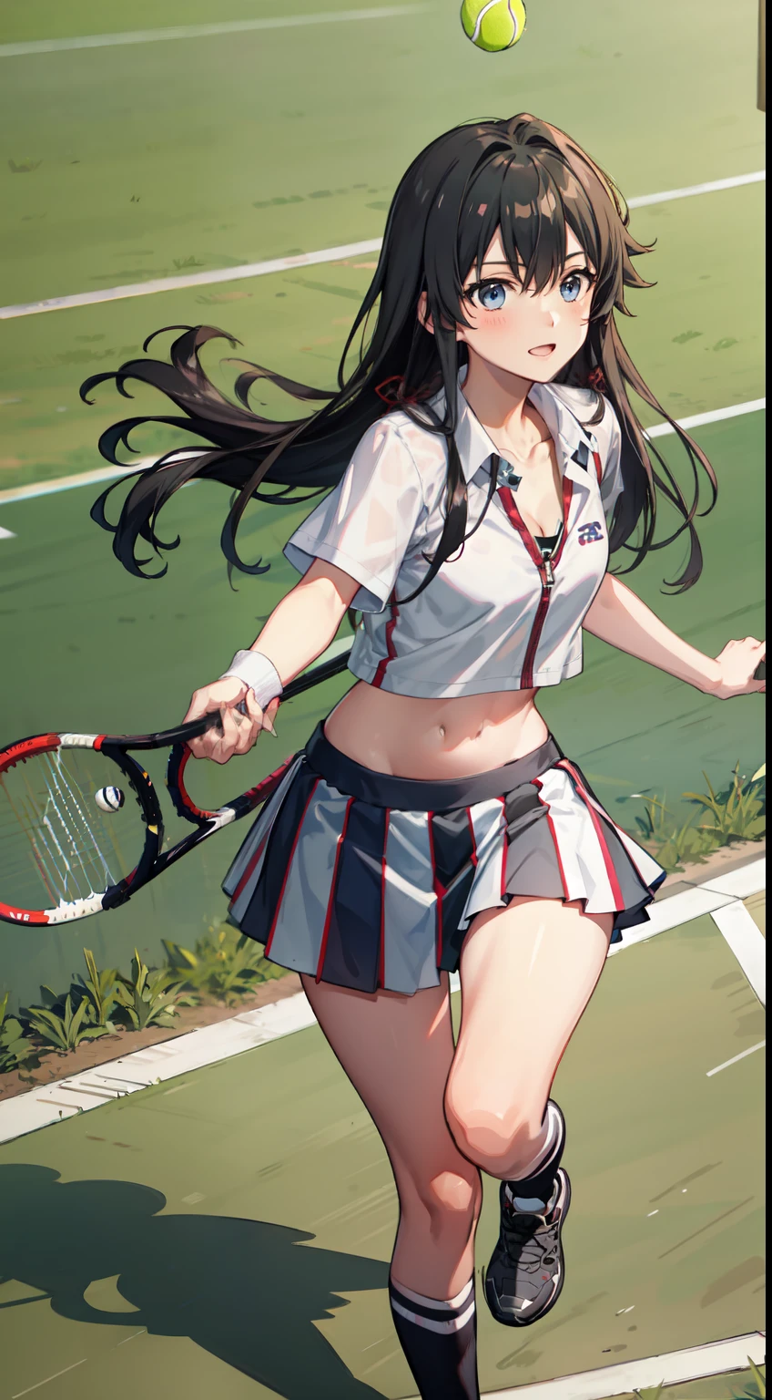 Yukino yukinoshita, long hair, cleavage, navel, slim legs, black hair, blue eyes,  short skirt, thigh high socks, teen, happy, tennis player uniform, park, Belly