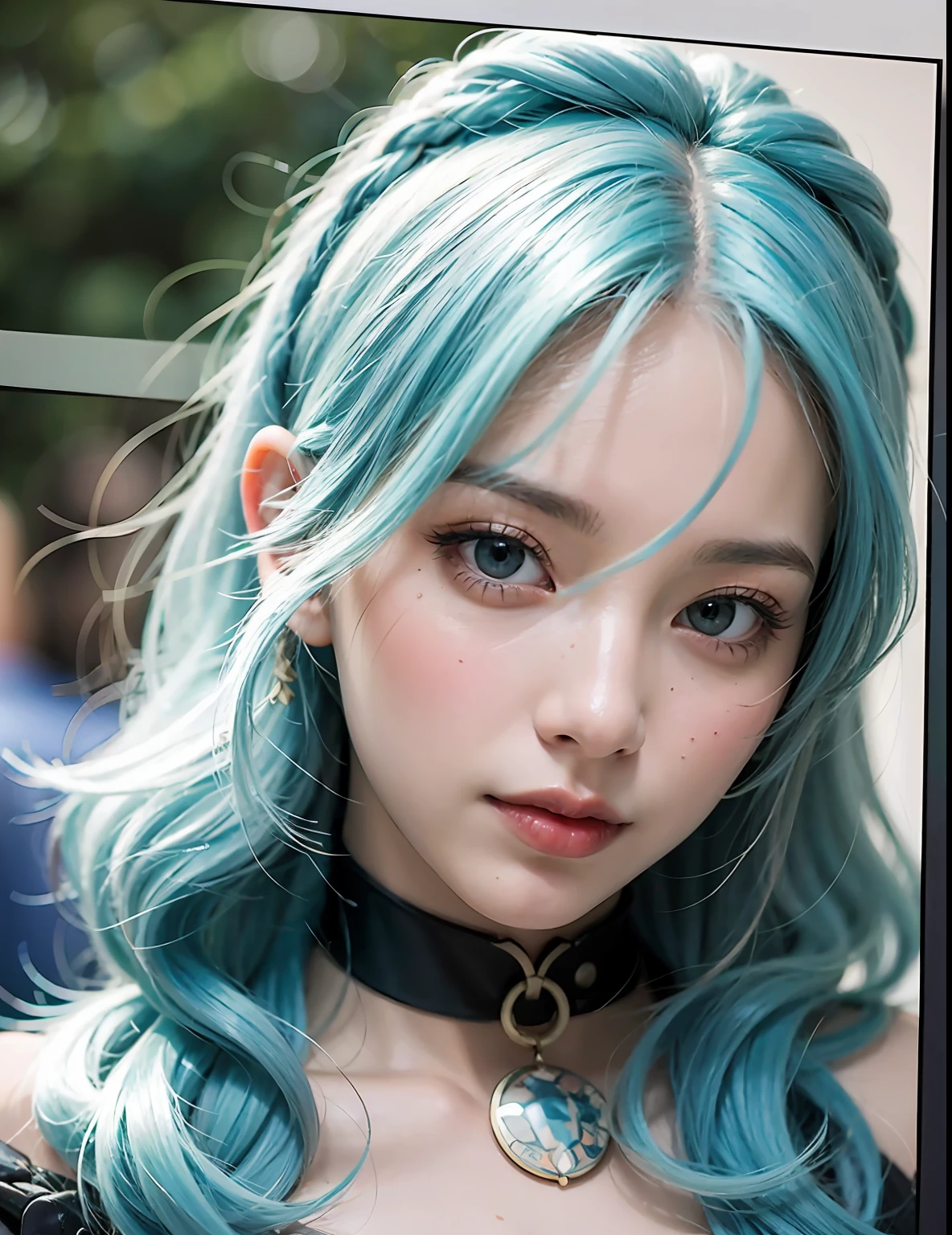 masterpiece, best quality, highres, extremely detailed 8k wallpaper, very clear, a photo with (film grain) of a (young:0.9) girl with perfect large breasts and poofy hair, cyan hair, blue eyes, (realistic face, perfect eyes, perfect face:1.1), colorful hair, goth makeup, winged eyeliner, choker, outside, town, on a shopping trip, sweaty skin, smirking at viewer, cowboy shot, amateur,