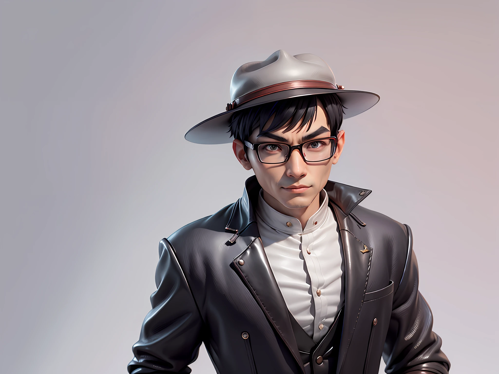 Young man with oriental face in leather hat, dragon, formal suit, short black hair, silver glasses, digital painting, 3D character design by Mark Clairedon and Pixar and Hayao Miyazaki and Akira Toriyama, the illustration is a high-definition illustration in 4K resolution with very detailed facial features and cartoon-style visuals.