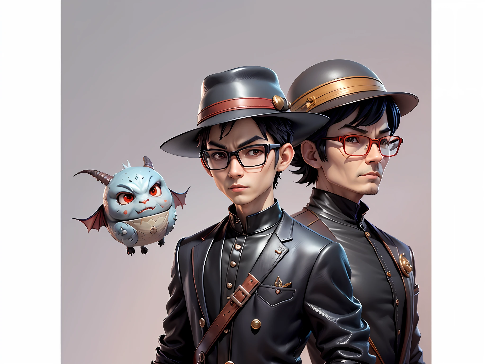 Young man with oriental face in leather hat, dragon, formal suit, short black hair, silver glasses, digital painting, 3D character design by Mark Clairedon and Pixar and Hayao Miyazaki and Akira Toriyama, the illustration is a high-definition illustration in 4K resolution with very detailed facial features and cartoon-style visuals.