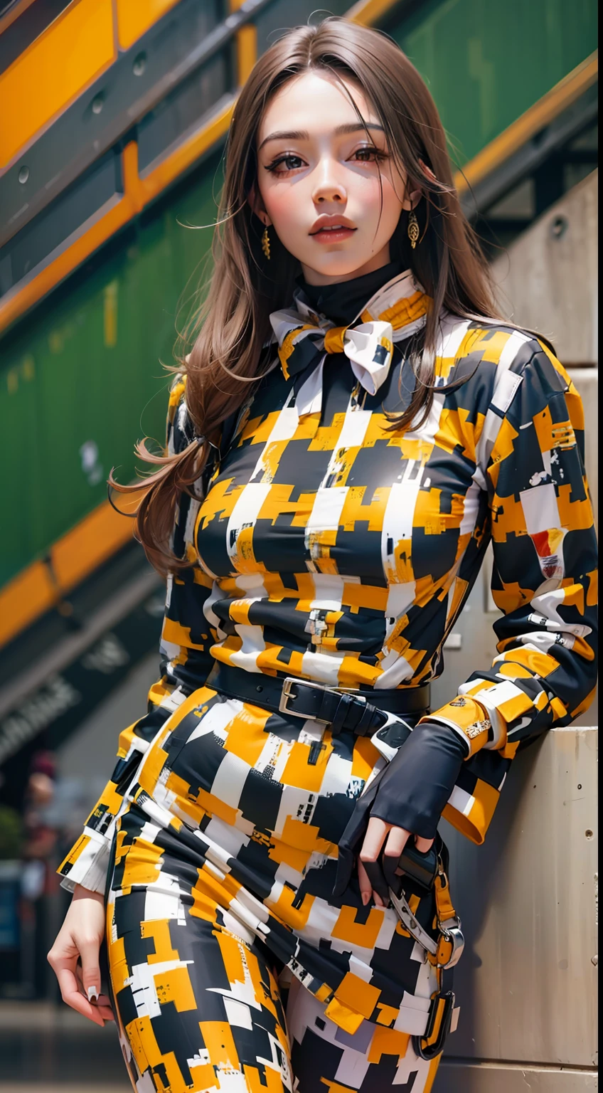 Beautiful woman in intricate Bold and Houndstooth Outfit