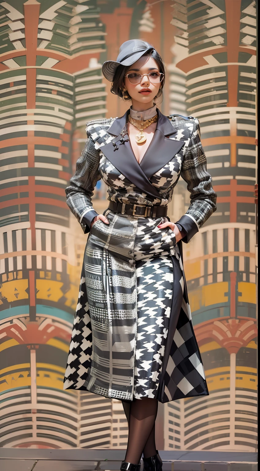 Beautiful woman in intricate Bold and Houndstooth Outfit