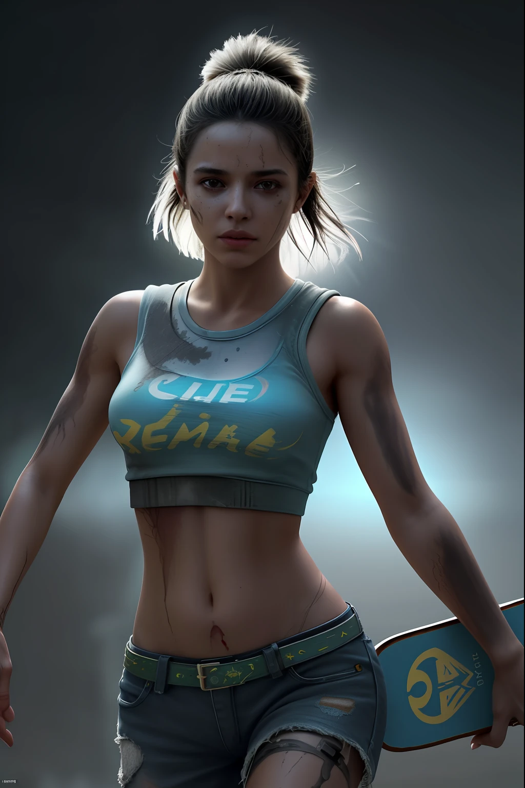 Ultra Detailed Portrait Sticker of Beautiful Brazilian Woman Skateboarding, High-quality shaded illustration of cells in post-apocalyptic style, cuerpo completo, dynamic pose, Perfect anatomy, centrado, libertad, alma, approach to perfection, Sombreado de celdas, 8k , cinematic dramatic atmosphere, global ilumination, Entorno detallado e intrincado, Artstation, Arte conceptual, fluid and sharp focus, volumetric illumination, cinematic lighting