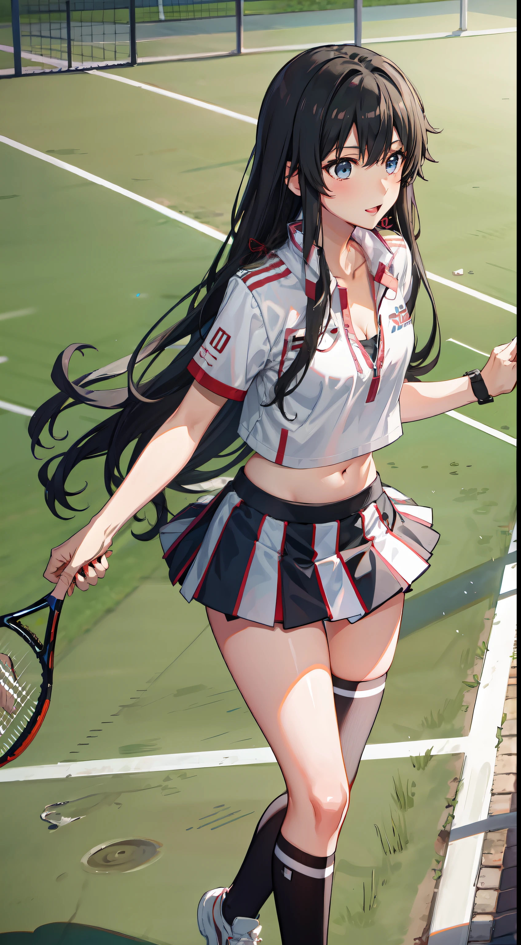 Yukino yukinoshita, long hair, cleavage, navel, slim legs, black hair, blue eyes, short skirt, thigh high socks, , happy, tennis player uniform, park, Belly