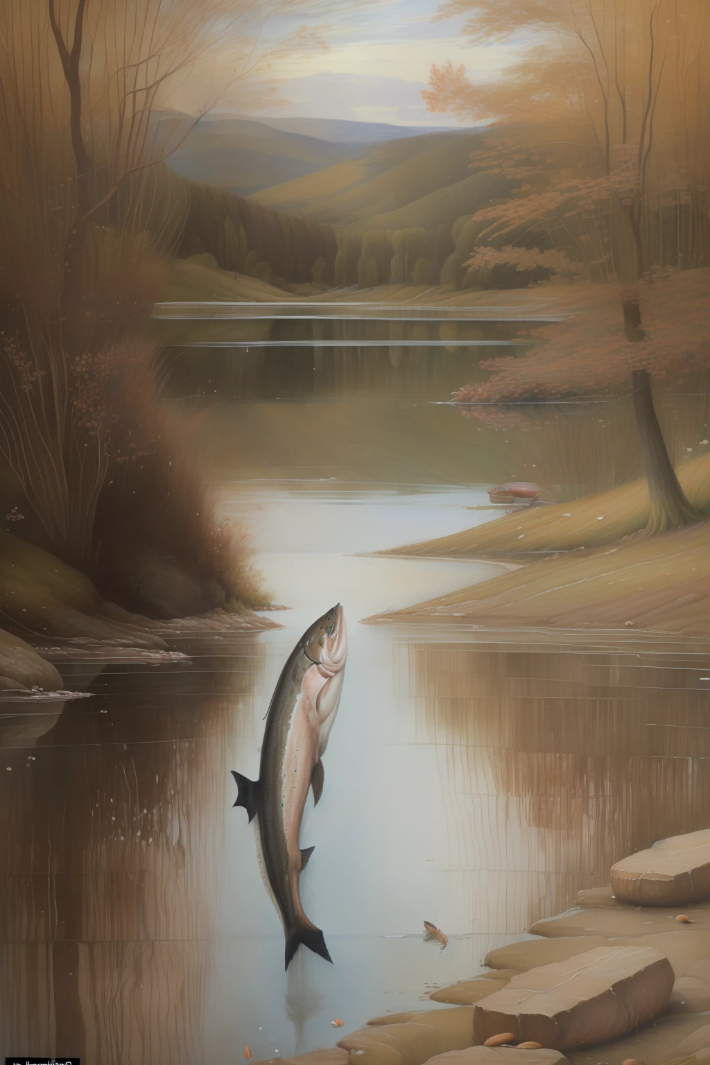 (((Pre-Raphaelite painting of salmon jumps out of a lake and eats a hazelnut, By the lake there is a hazelnut, paisagem irlandesa)))