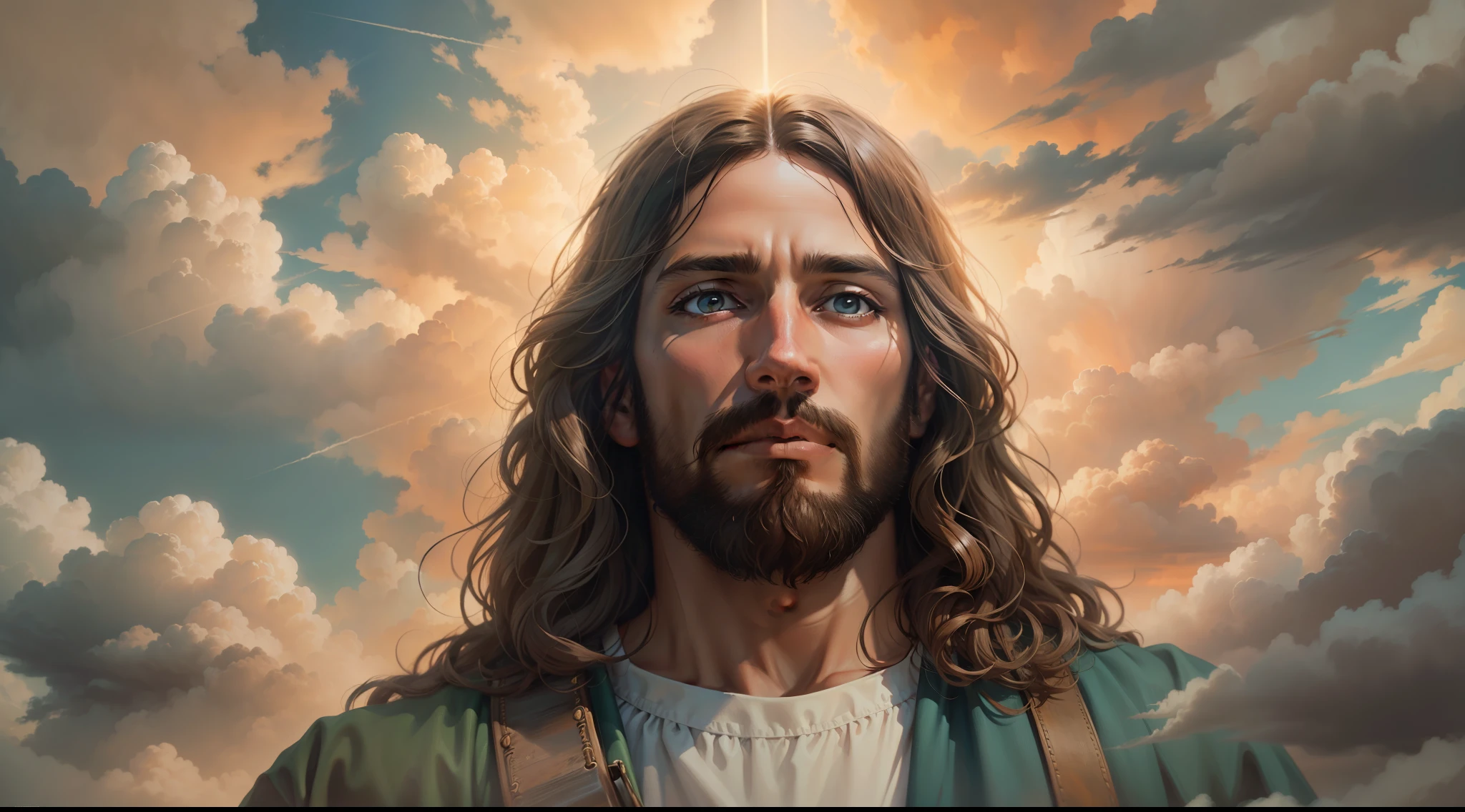 "[a realistic painting of Jesus close up amid the clouds of a cinematic sky]"