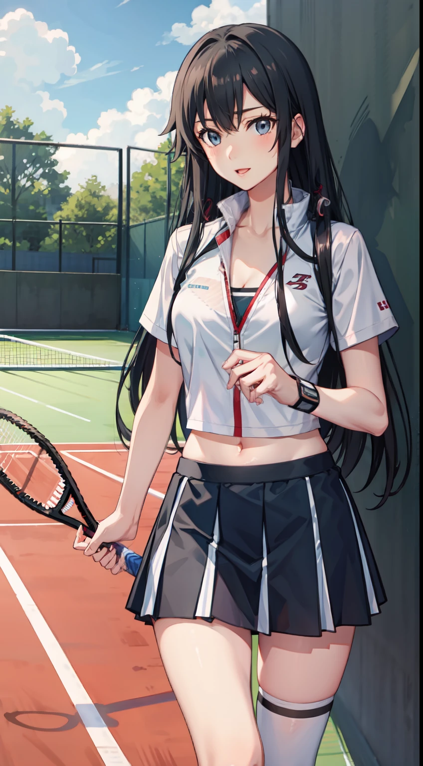 Yukino yukinoshita, long hair, cleavage, navel, slim legs, black hair, blue eyes, short skirt, thigh high socks, , happy, tennis player uniform, park, Belly