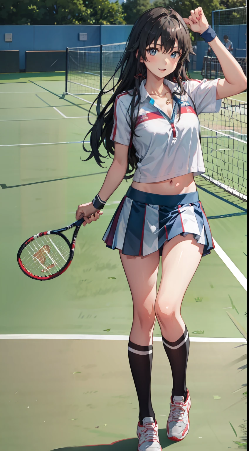 Yukino yukinoshita, long hair, cleavage, navel, slim legs, black hair, blue eyes, short skirt, thigh high socks, teen, happy, tennis player uniform, park, Belly