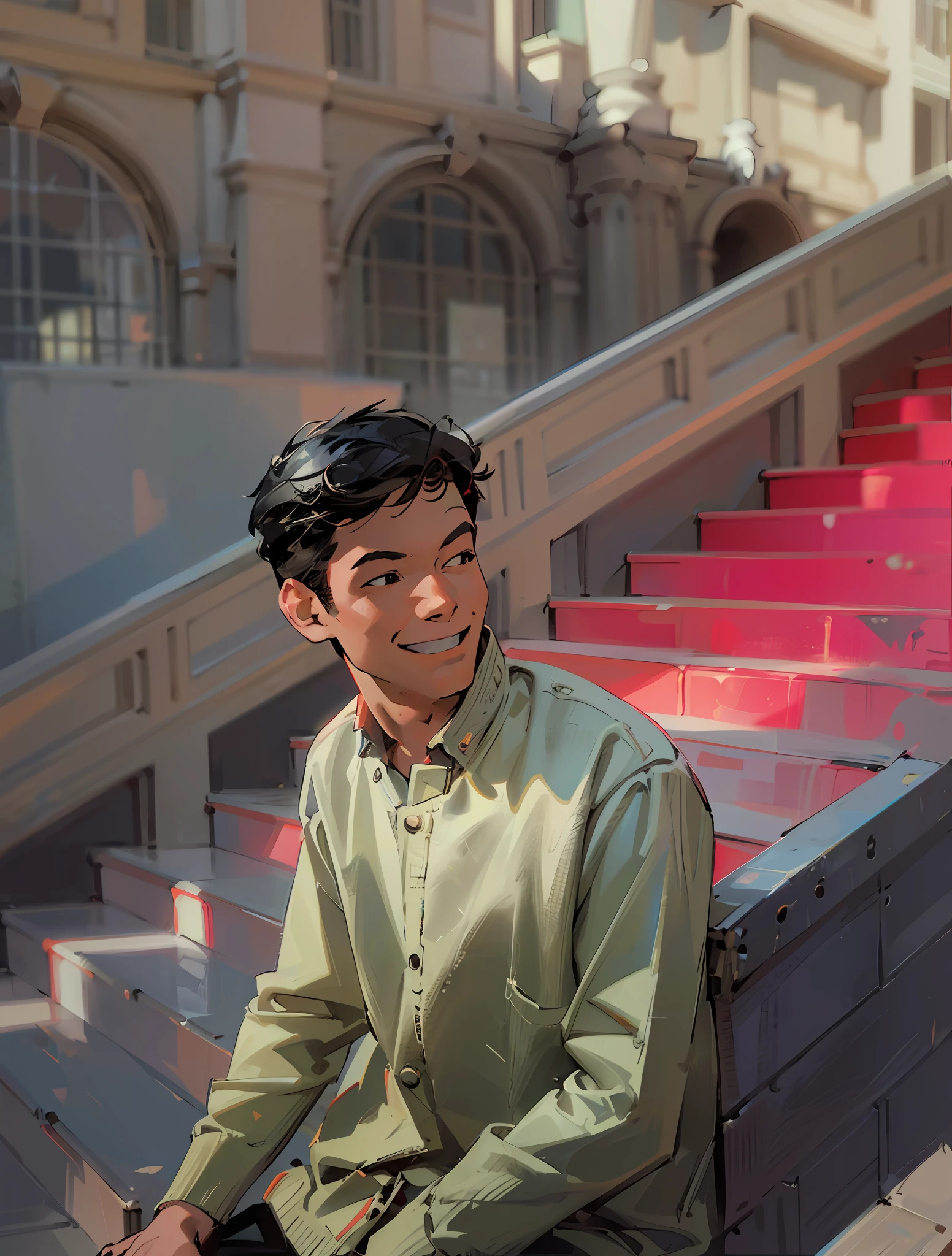 there is a man sitting on a bench in front of a building, mid shot portrait, sitting on red stairs, inspired by Andy Warhol, with a happy expression, with a beautifull smile, (Andy Warhol:1.1)