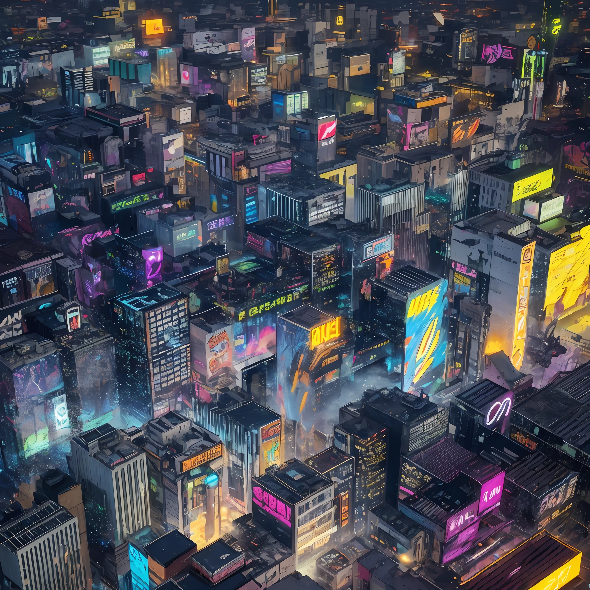 arafed view of a city at night with neon lights, hyper realistic cyberpunk city, vfx powers at night in the city, cinematic neon matte painting, aerial view of a cyberpunk city, beeple. hyperrealism, busy cyberpunk metropolis, beeple rendering, beeple masterpiece, beeple global illumination, 3 d render beeple, beeple!! Make an abstract painting using only green yellow and purple and black masterpiece, best quality:1.4), cinematic light, colorful, high contrast, neon, no people, expansive landscape photography, bottom to top use very green neon yellow neon purple neon and black, without using any other color, details, neon, without appearing smoky people in the shape of Japanese waves brightly colored cube with a city in the background, cinema 4d colorful render, 3d digital art 4k, stylized 3 d graphics, cinema 4 d art, super detailed color lowpoly art, abstract 3 d artwork, nvidia and behance, digital artwork 4 k, digital art 8k, digital art 8 k, beeple colors