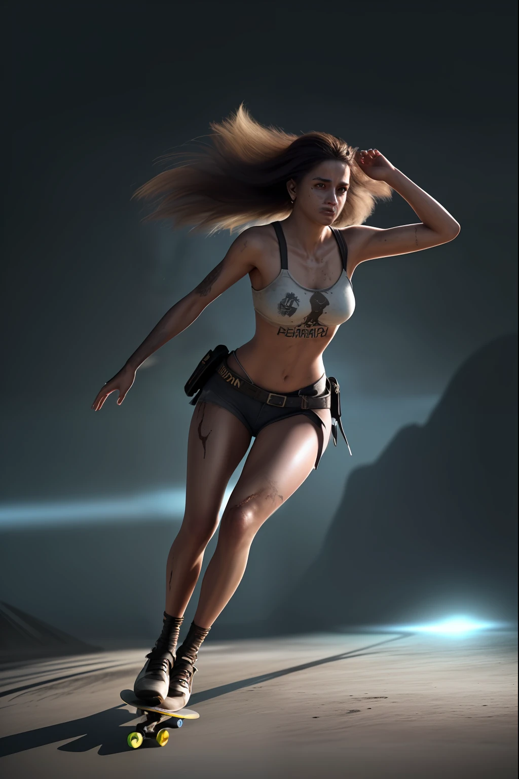 Ultra Detailed Portrait Sticker of Beautiful Brazilian Woman Skateboarding, High-quality shaded illustration of cells in post-apocalyptic style, cuerpo completo, dynamic  pose, Perfect anatomy, centrado, libertad, alma, approach to perfection, Sombreado de celdas, 8k , cinematic dramatic atmosphere, global ilumination, Entorno detallado e intrincado, Artstation, Arte conceptual, fluid and sharp focus, volumetric illumination, cinematic lighting