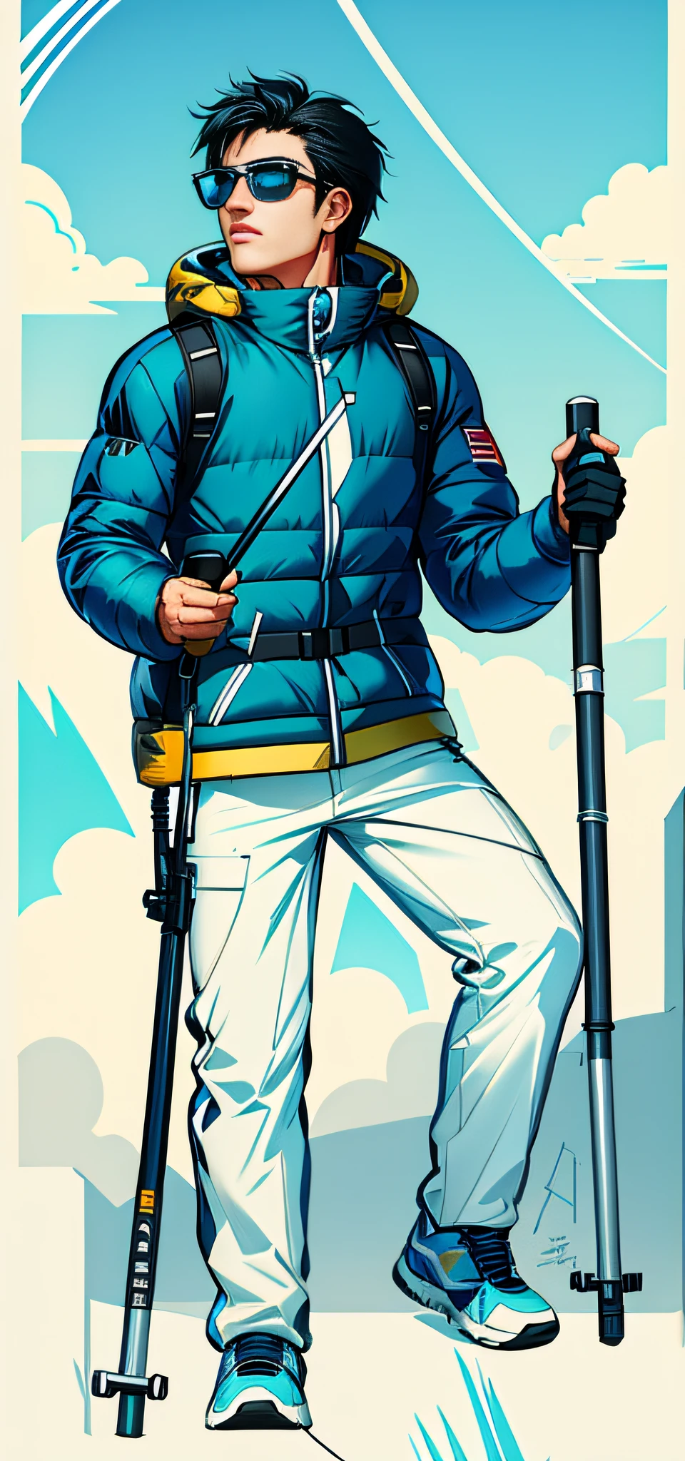 mountaineering,Storm jacket，trekking poles，neo-classical, Depth of field, Best quality, Super detail，Masterpiece，Manhwa Style，illustrated，Line art