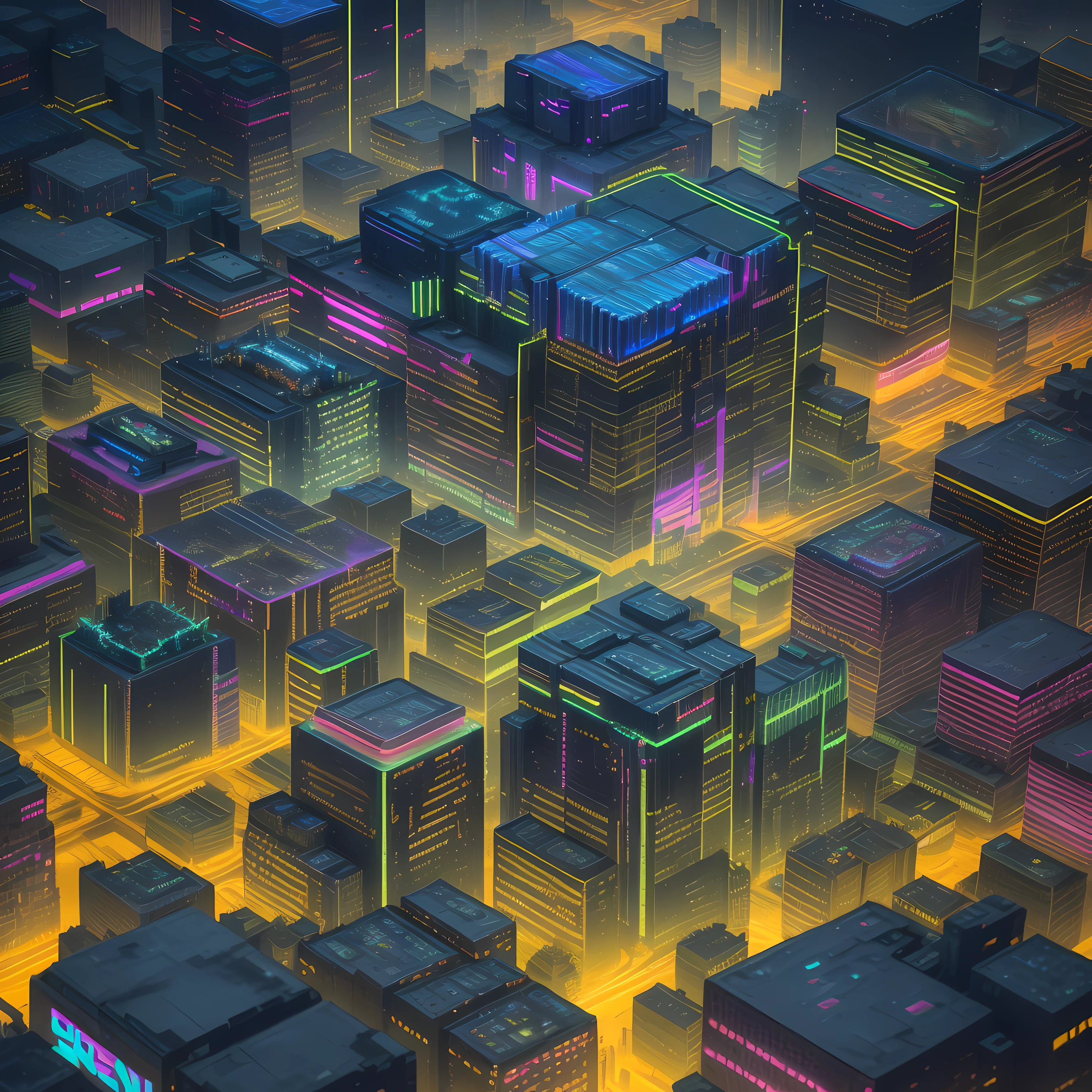 arafed view of a city at night with a lot of buildings, aerial view of a cyberpunk city, detailed neon cyberpunk city, hyper realistic cyberpunk city, city in the style of cyberpunk, expansive detailed layered city, intricate cyberpunk city, vfx powers at night in the city, 3 d render beeple, busy cyberpunk metropolis