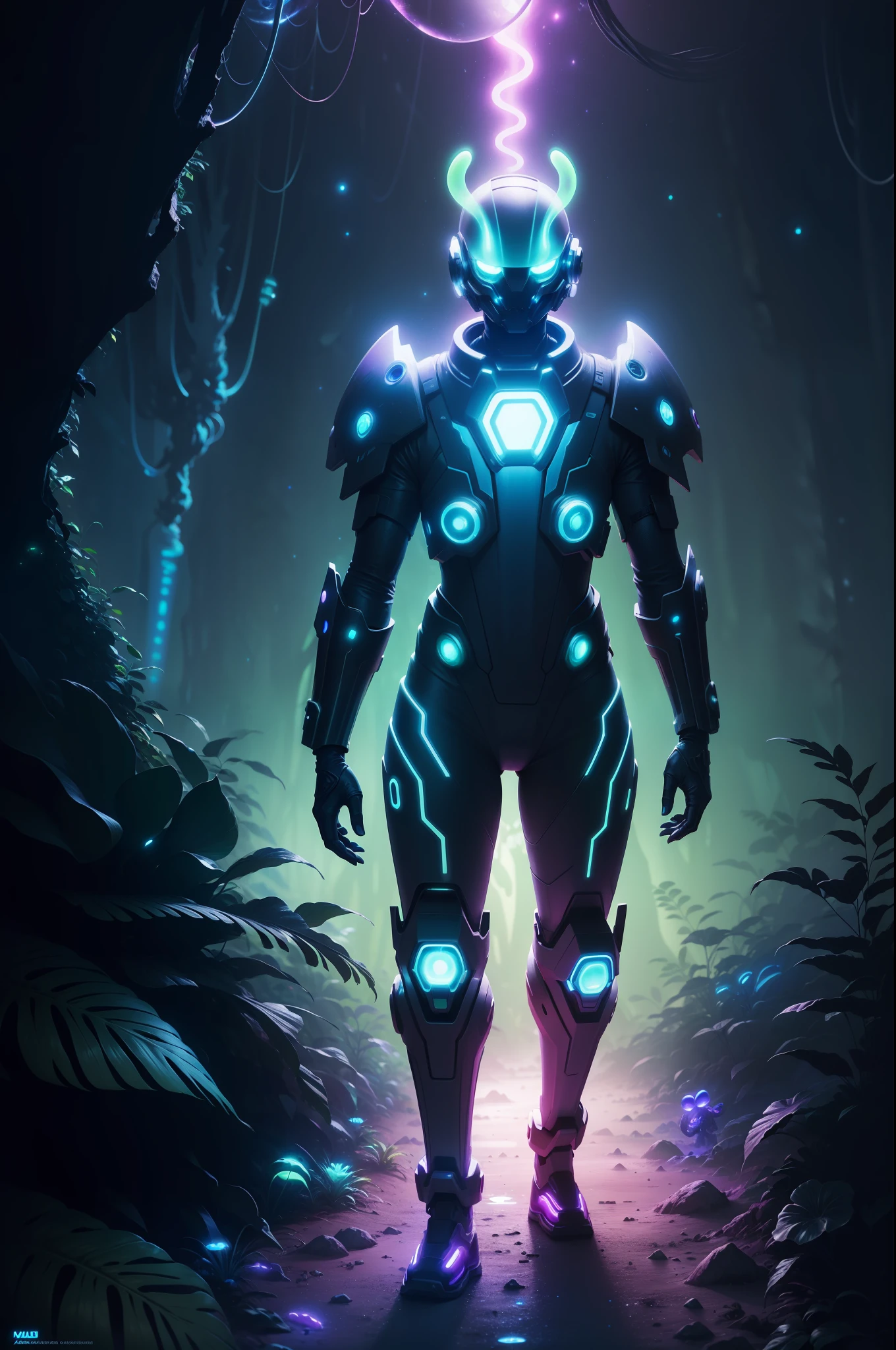 A futuristic space predador walking through a dark enchanted jungle on an unknown planet at night, (extremely colorful:1.3), (psychedelic:1.2), (realistic), (Bioluminescence:1.3), highly detailed, hyper realistic, perfect artwork, masterpiece, best quality, highres, layered lighting,