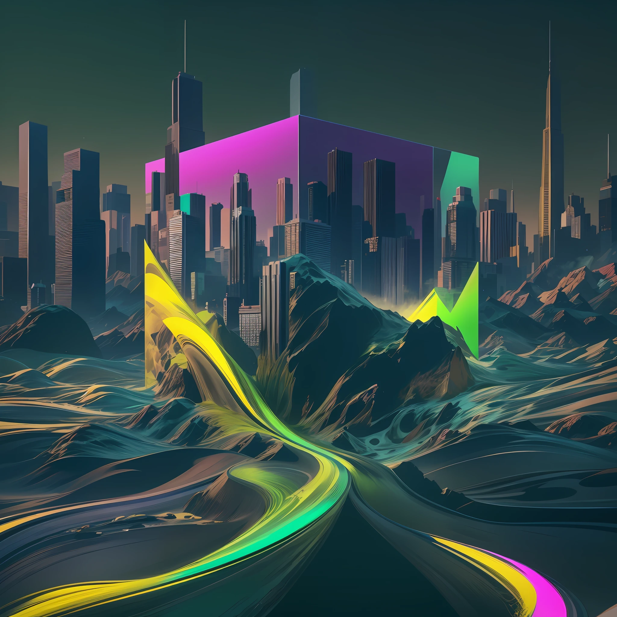 Make an abstract painting using only green yellow and purple and black masterpiece, best quality:1.4), cinematic light, colorful, high contrast, neon, no people, expansive landscape photography, bottom to top use very green neon yellow neon purple neon and black, without using any other color, details, neon, without appearing smoky people in the shape of Japanese waves brightly colored cube with a city in the background, cinema 4d colorful render, 3d digital art 4k, stylized 3 d graphics, cinema 4 d art, super detailed color lowpoly art, abstract 3 d artwork, nvidia and behance, digital artwork 4 k, digital art 8k, digital art 8 k, beeple colors