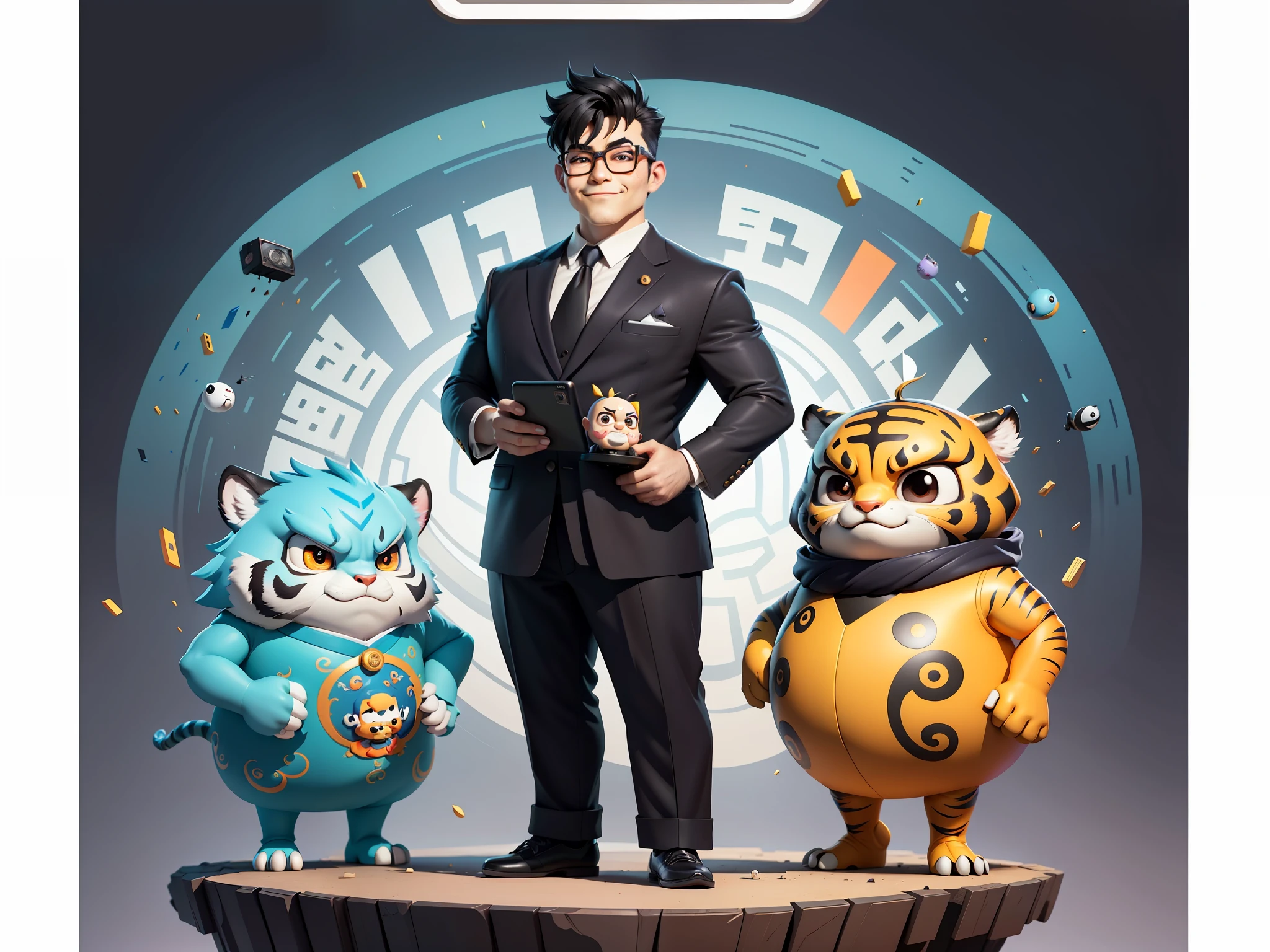 (Masterpiece), (Excellent), (Super Meticulous), (Full Body: 1.2), Super Young Man with Japanese Female Geisha, Pretty, Beautiful, Chinese Dragon, Tiger, Wind God Thor, Sexy, Bursting, Oriental Face, TV Anchor, Bust Portrait Illustration, Black Suit, Blue Tie, Slightly Chubby Face, Silver Glasses, Very Clean Face, No Beard on Chin, Black Super Short Hair, Black Eyes, Confident Smile, 3c Computer Sub-Products, iPad, iPhone, Digital Painting, 3D character design by Mark Clairedon and Pixar and Hayao Miyazaki and Akira Toriyama, the illustrations are HD illustrations in 4K resolution with highly detailed facial features and cartoon-style visuals.