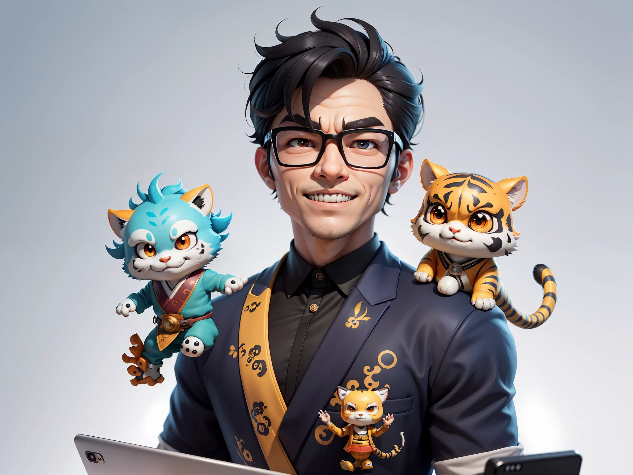 (Masterpiece), (Excellent), (Super Meticulous), (Full Body: 1.2), Super Young Man with Japanese Female Geisha, Pretty, Beautiful, Chinese Dragon, Tiger, Wind God Thor, Sexy, Bursting, Oriental Face, TV Anchor, Bust Portrait Illustration, Black Suit, Blue Tie, Slightly Chubby Face, Silver Glasses, Very Clean Face, No Beard on Chin, Black Super Short Hair, Black Eyes, Confident Smile, 3c Computer Sub-Products, iPad, iPhone, Digital Painting, 3D character design by Mark Clairedon and Pixar and Hayao Miyazaki and Akira Toriyama, the illustrations are HD illustrations in 4K resolution with highly detailed facial features and cartoon-style visuals.