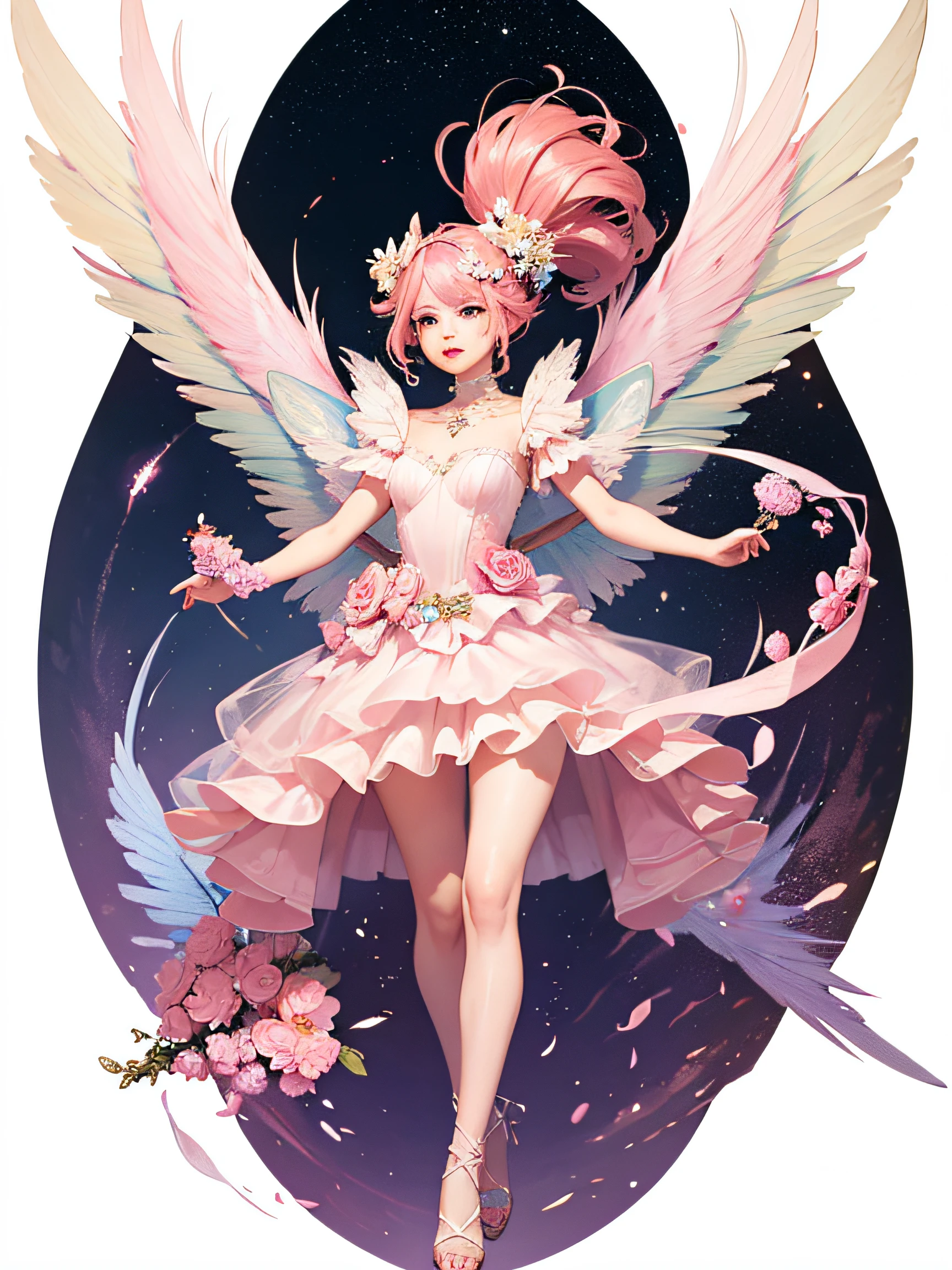 (best quality)(face without deformity)a fairy with pink hair and flowered dress,big shiny wings,((focus on face,perfect face)),full body,character sheet,full body,front,character model , white background, various poses and angles
