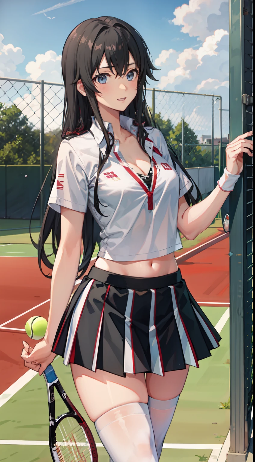Yukino yukinoshita, long hair, cleavage, navel, slim legs, black hair, blue eyes, short skirt, thigh high socks, teen, happy, tennis player uniform, park, Belly