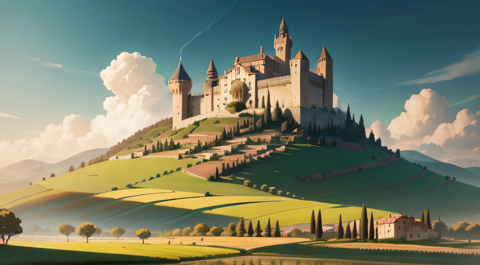 Tierras de cultivo y una colina y en lo alto un majestuoso castillo Arte Toscana, en el estilo de las ilustraciones inspiradas en el Art Nouveau, Paisajes audaces, tonos terrosos, Rico e inmersivo, Arte del juego 2D, Colorful images