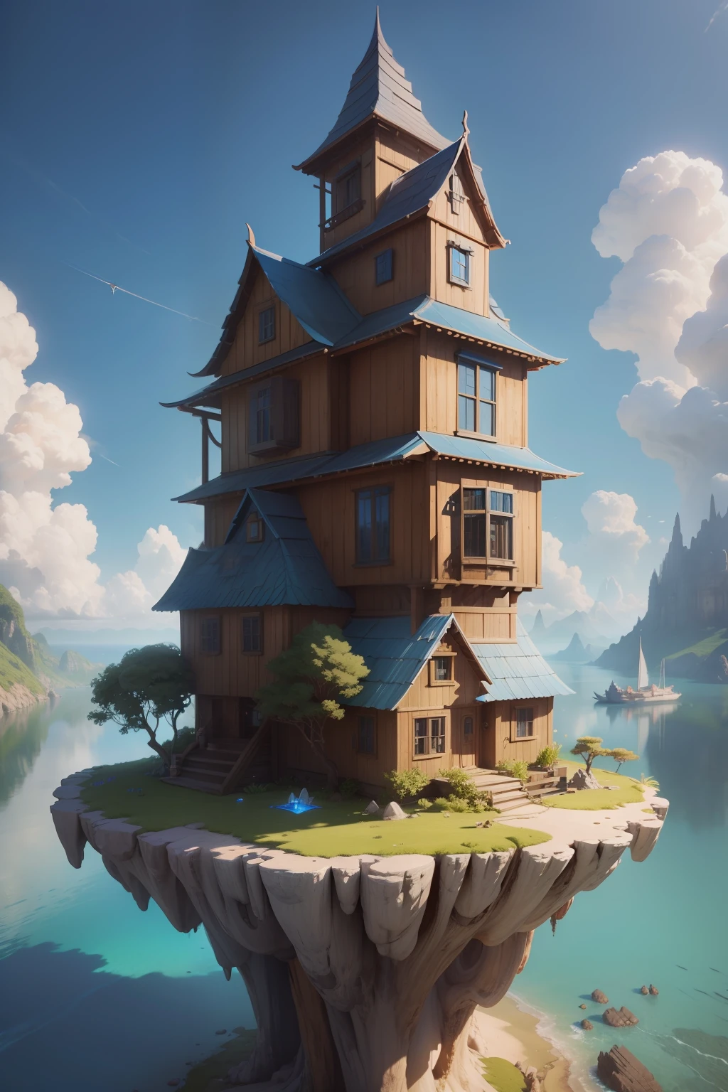 Arafed's house on a small island with a blue sky, rolands zilvinskis 3d render art, Beautiful 3D concept art, realistic fantasy render, 3 d render stylized, fantasy 3 d render, 3 d epic illustrations, fantasy matte painting,Cute, detailed fantasy digital art, stuning fantasy 3 d render, 3D rendering and matte painting