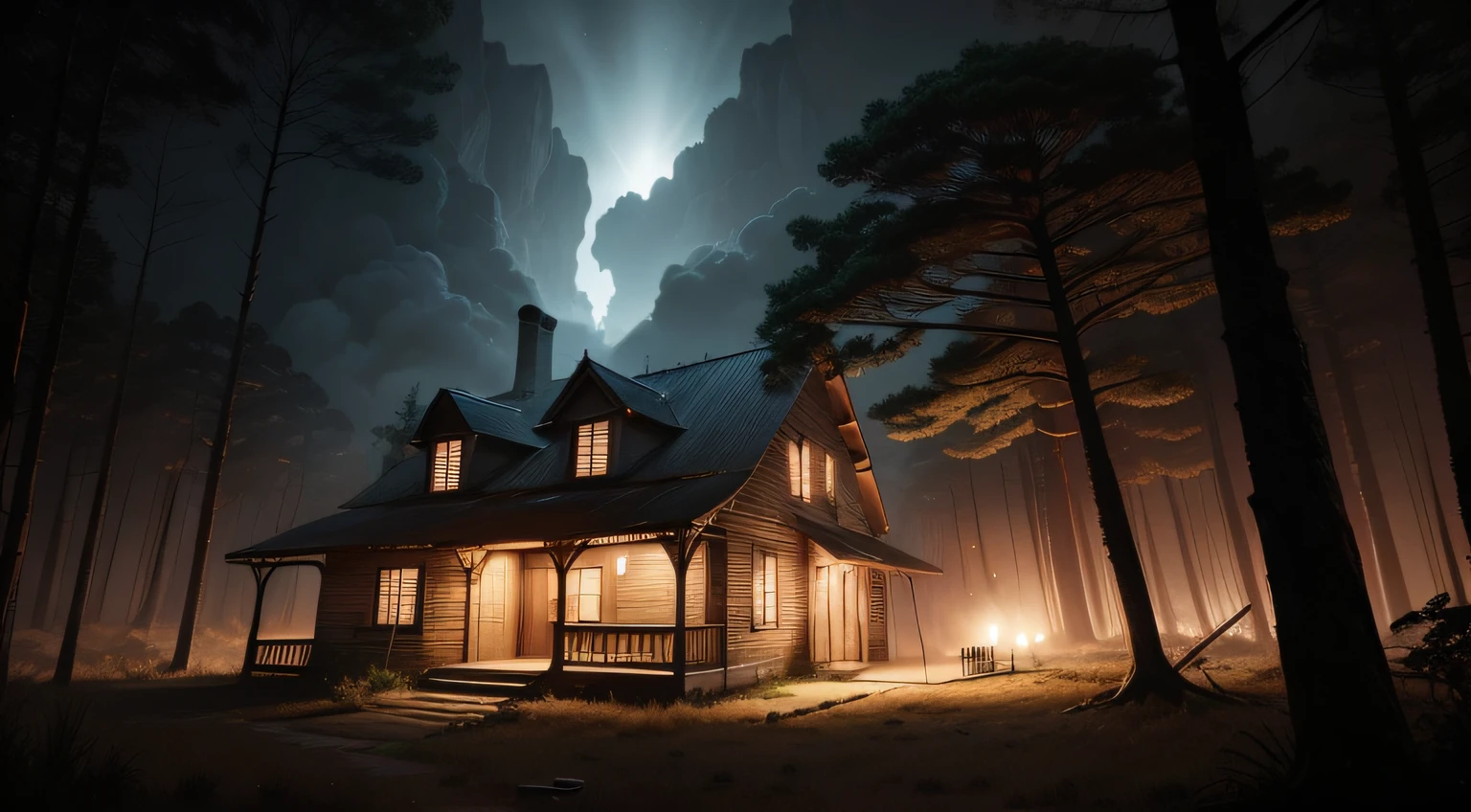 Desenhe uma paisagem sombria de uma casa abandonada no meio da noite. The old flames must dance around the house, Recreating the terrible fire of the past. Ao lado da casa, uma densa floresta deve se estender, with dark shadows enveloping the trees. in sky, a lua deve brilhar fracamente, casting a pale light on the frightening scene.