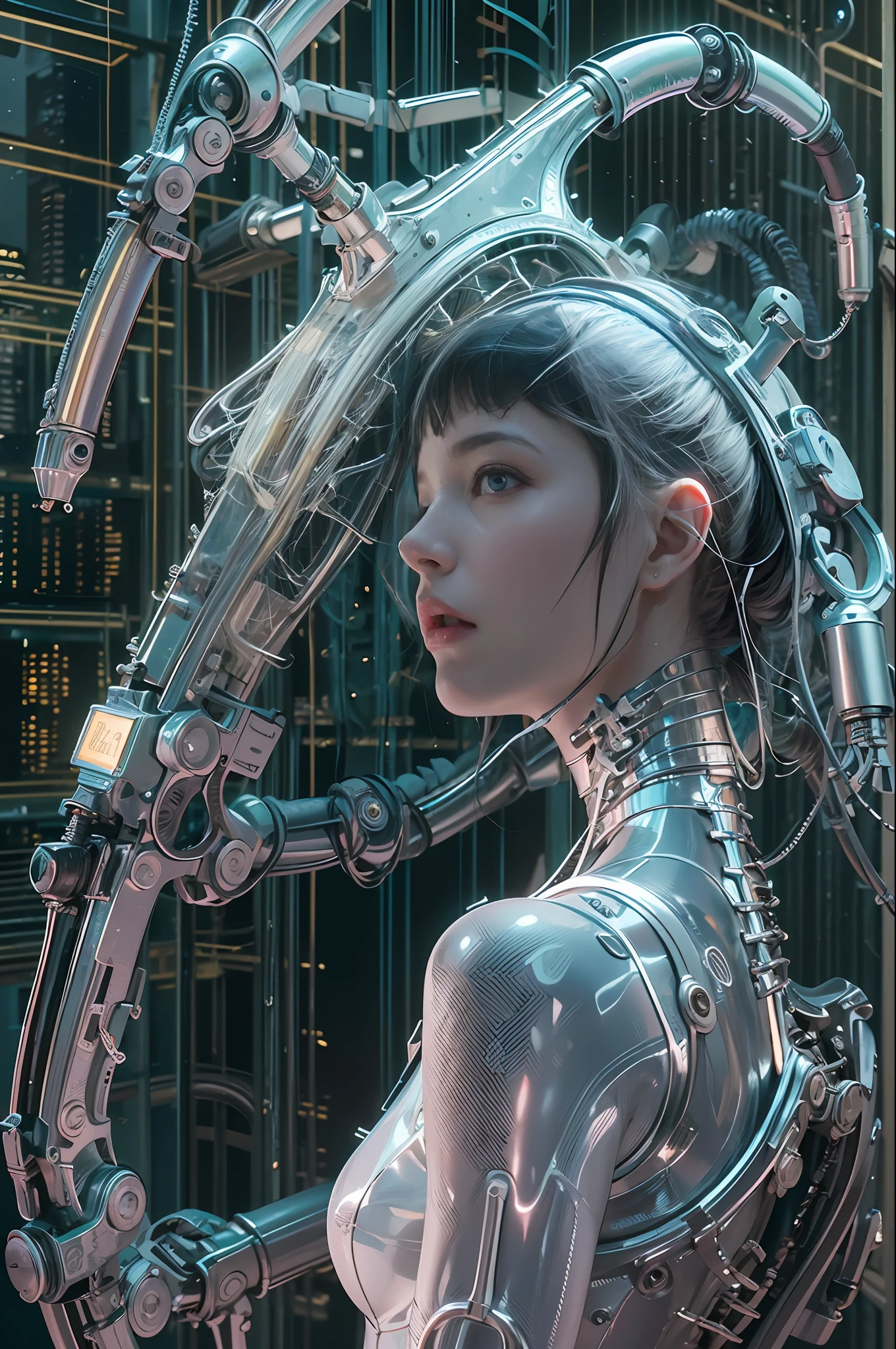 Top Quality, Masterpiece, Ultra High Resolution, ((Photorealistic: 1.4), Raw Photo, 1 cyberpunk android Girl, Glossy Skin, (Ultra Realistic Details)), mechanical limbs, tubes connected to the mechanical parts, mechanical vertebrae attached to the spine, mechanical cervical attachment to the neck, wires and cables connecting to the head, Evangelion, ((Ghost in the Shell)), small glowing LED lamps, global lighting, deep shadows, Octane Rendering, 8K, Ultra Sharp, Metal, Intricate Ornament Details, baroque details, Very intricate details, realistic light, CGSoation trend, facing the camera, neon details, (android manufactory in background), art by H.R. Giger and Alphonse Mucha.