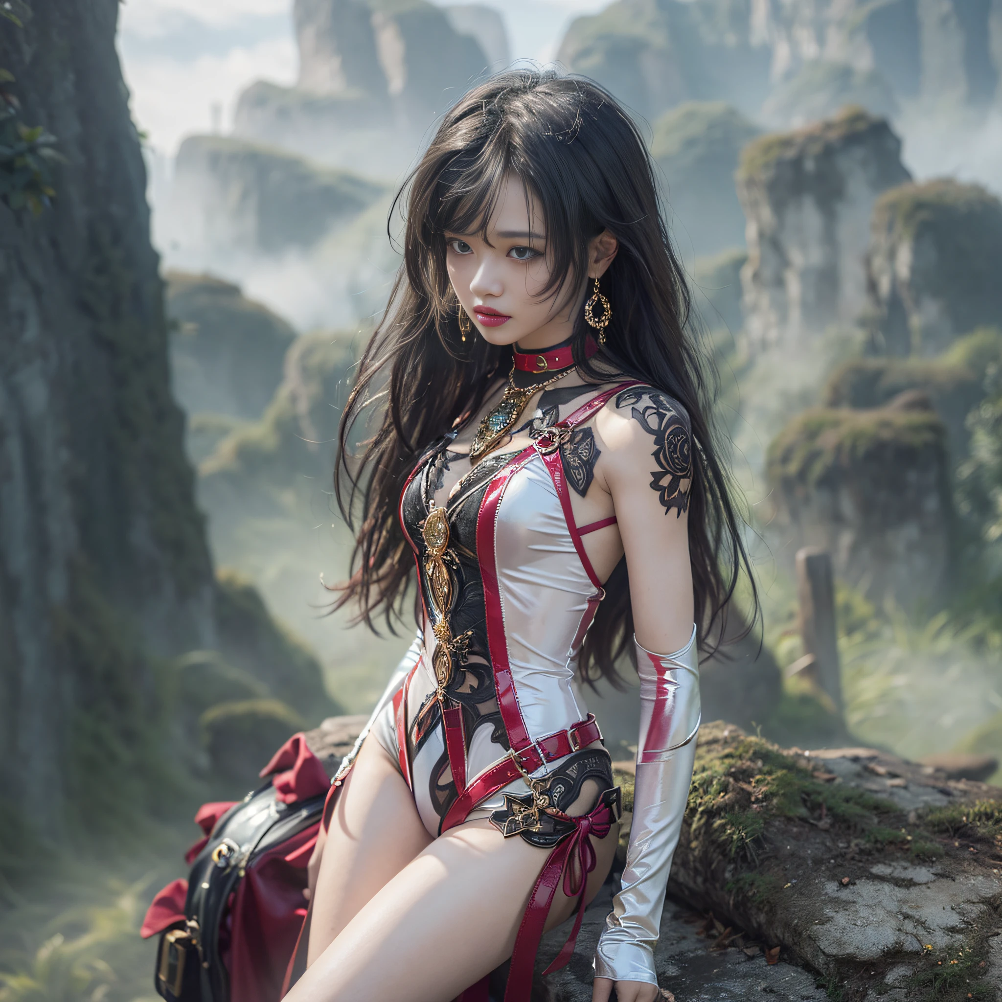 ((masterpiece:1.4)、(top-quality:1.4)、(reallistic:1.7))、Beautiful girl duo、Extraordinary beauty、Bondage style:1.4、latex shiny:1.4、Latex bodysuit、By Luis Royo、age19、Ultra Bikini、Looking Back Beauty、Outstanding style、standingn、fullllbody、foco nítido:1.5、Slender Abs、beauty legs、Beautiful ass、A detailed eye、Raw photo、red-lips、Red high heels、a choker、a necklace、耳Nipple Ring、Fantastic mythological landscape、