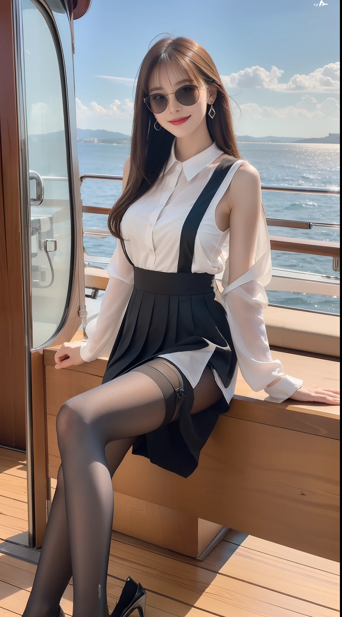(Leng Yan Royal Sister 1.5),(true to life,Photorealistic 1.5),((best qualtiy, 8K, tmasterpiece:1.3)),SLR camera (二重まぶた,largeeyes:1.3),(smile1.5),(Full body photo 1.5)(One person 1.5)Clear focus 1.2, Perfect body beauty:1.4 , Delicate skin1.1,(Short silver-white hair 1.6),(Bangs 1.4),(Pure desire 1.3)(Black pantyhose 1.5)(The leg length is one meter two,1.5),Suspender chiffon top,Black sunglasses,Pleated skirt legs are slim,high-heels,With earrings,Wristband jade bracelet,Luxury cruise ships