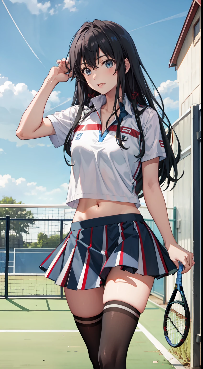 Yukino yukinoshita, long hair, cleavage, navel, slim legs, black hair, blue eyes,  short skirt, thigh high socks, teen, happy, tennis player uniform, park, Belly