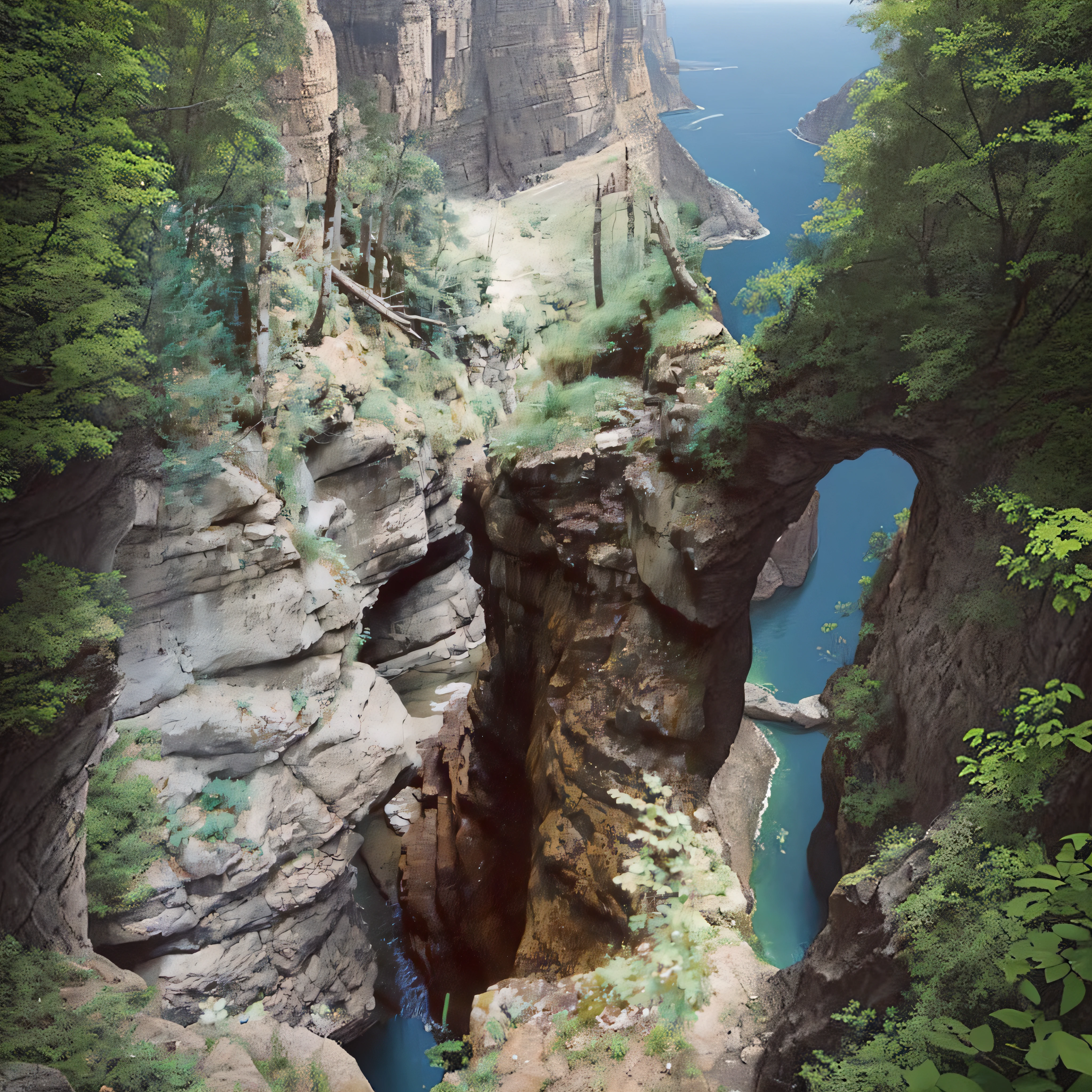 There is a small stream that runs through a narrow canyon in the forest., dentro de un desfiladero, Gorge on the mountain, Gran abismo, Abismo profundo, top of a canyon, barranco, canyon, Mysterious canyon streams, entre un desfiladero, cascada abajo, Mirando por un acantilado, Cannons, profundas grietas de piedra, Barranco colorido, abismo