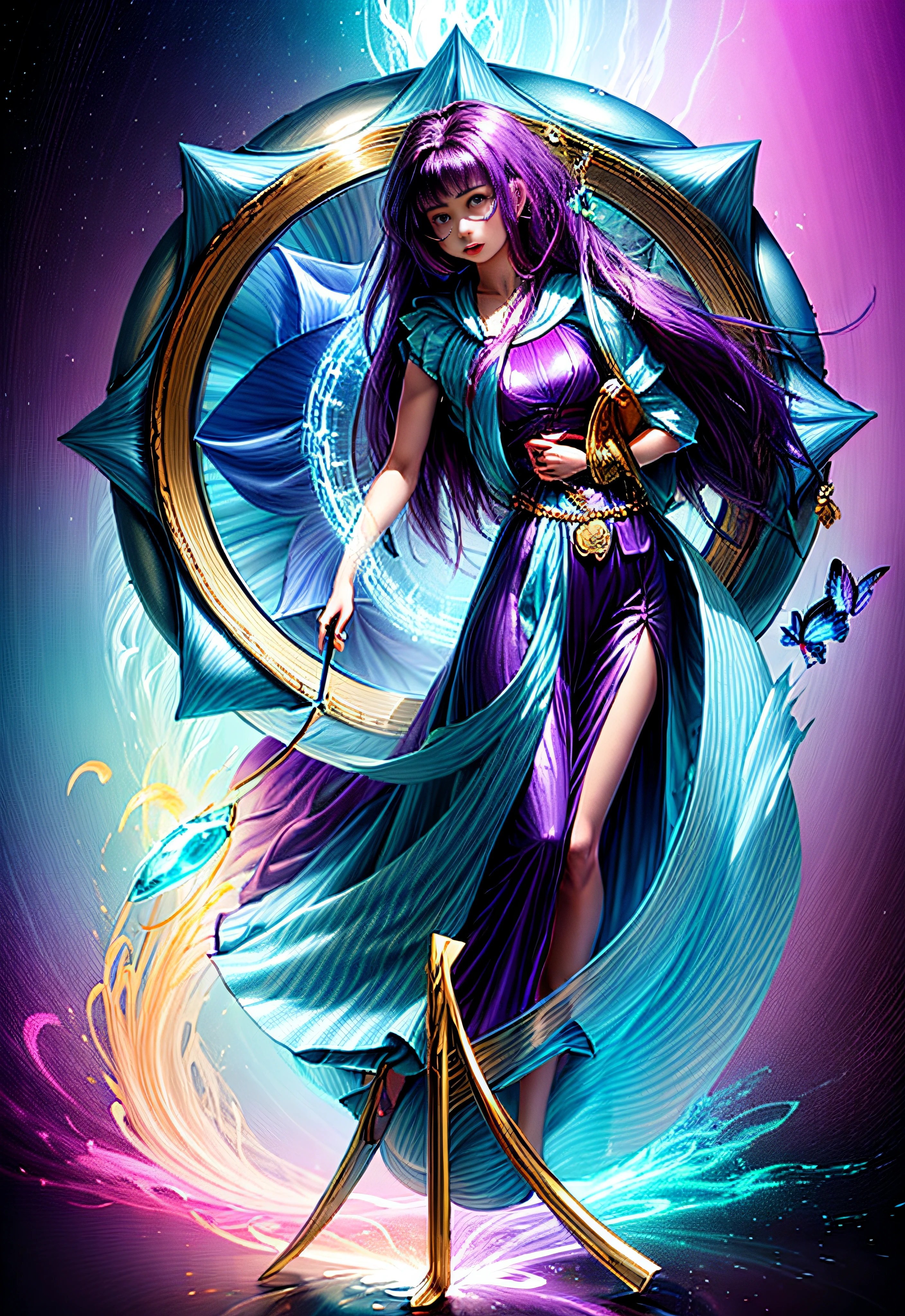 a woman with a gold, saphire, ruby medallion in the background as a halo, full color drawing, colored drawing, inspired by Rumiko Takahashi, inspired in kris from deltarrune, inspired by Tomioka Tessai, color drawing, inspired by Tsubasa Nakai, knights of zodiac girl, drawn with colored pencils, portrait knights of zodiac girl, waterstream comming from a wand ending in butterflies, japanese kanji fpr water, girl magician with purple hair and green summer dress holding a magic book, high saturation, 3D render