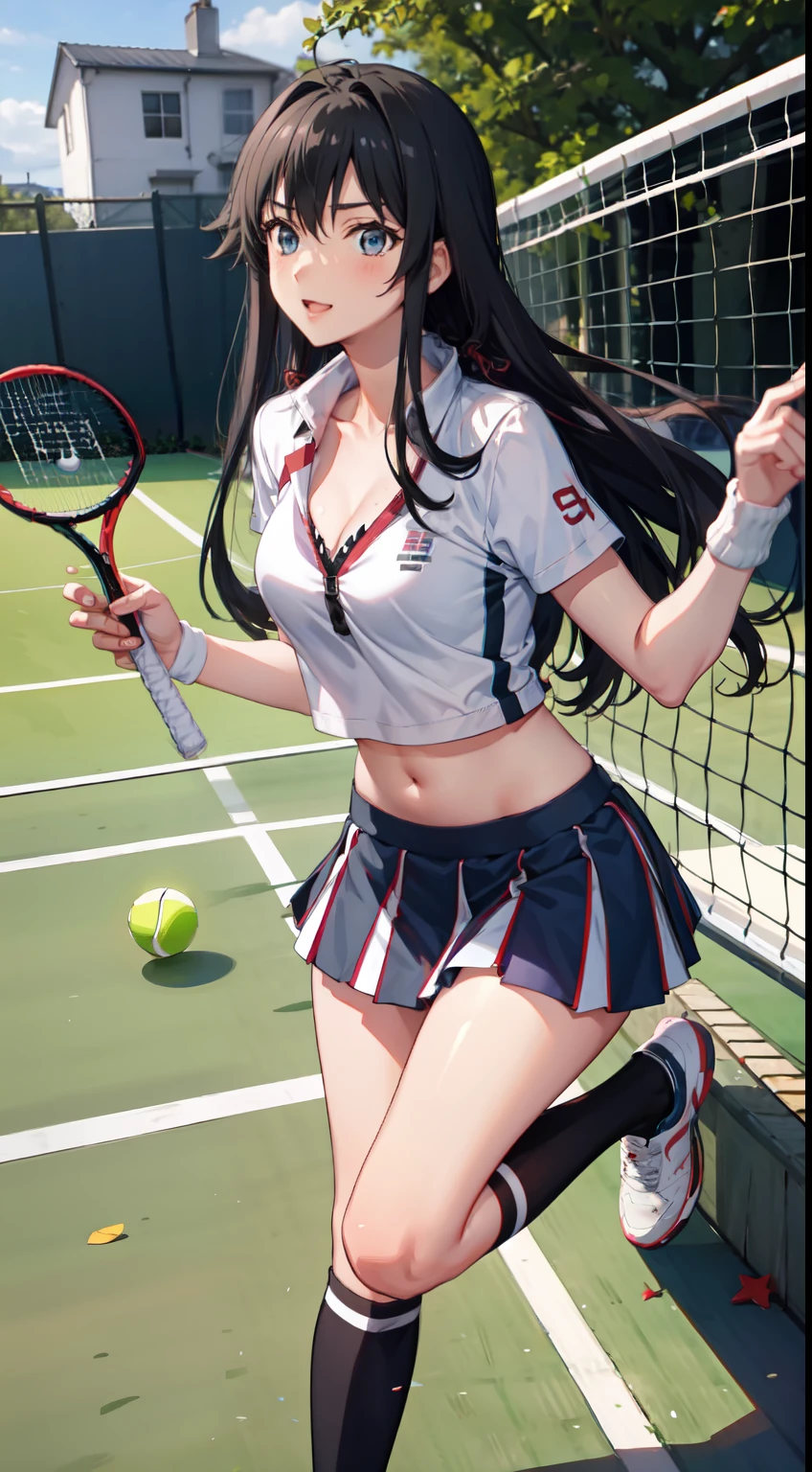 Yukino yukinoshita, long hair, cleavage, navel, slim legs, black hair, blue eyes, short skirt, thigh high socks, teen, happy, tennis player uniform, park, Belly