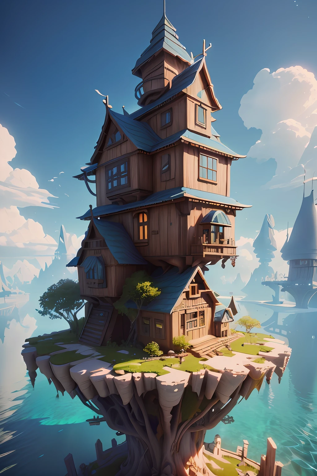 On a floating island there is a house against the background of the sky, stylized 3d render, 3 d render stylized, stylized as a 3d render, realistic fantasy render, rolands zilvinskis 3d render art, fantasy style 8 k octane render, Super detailed render, ArtStation Headquarters", stylized 3 d, fantasy house