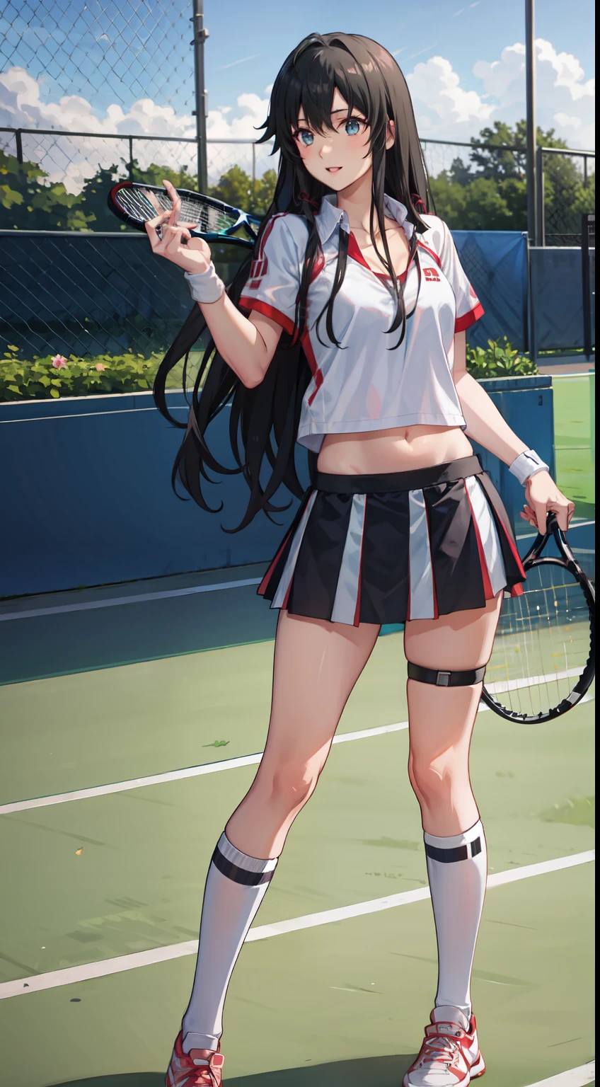 Yukino yukinoshita, long hair, cleavage, navel, slim legs, black hair, blue eyes,  short skirt, thigh high socks, teen, happy, tennis player uniform, park, Belly