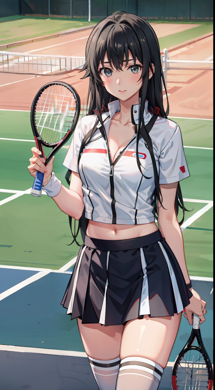 Yukino yukinoshita, long hair, cleavage, navel, slim legs, black hair, blue eyes, short skirt, thigh high socks, , happy, tennis player uniform, park, Belly