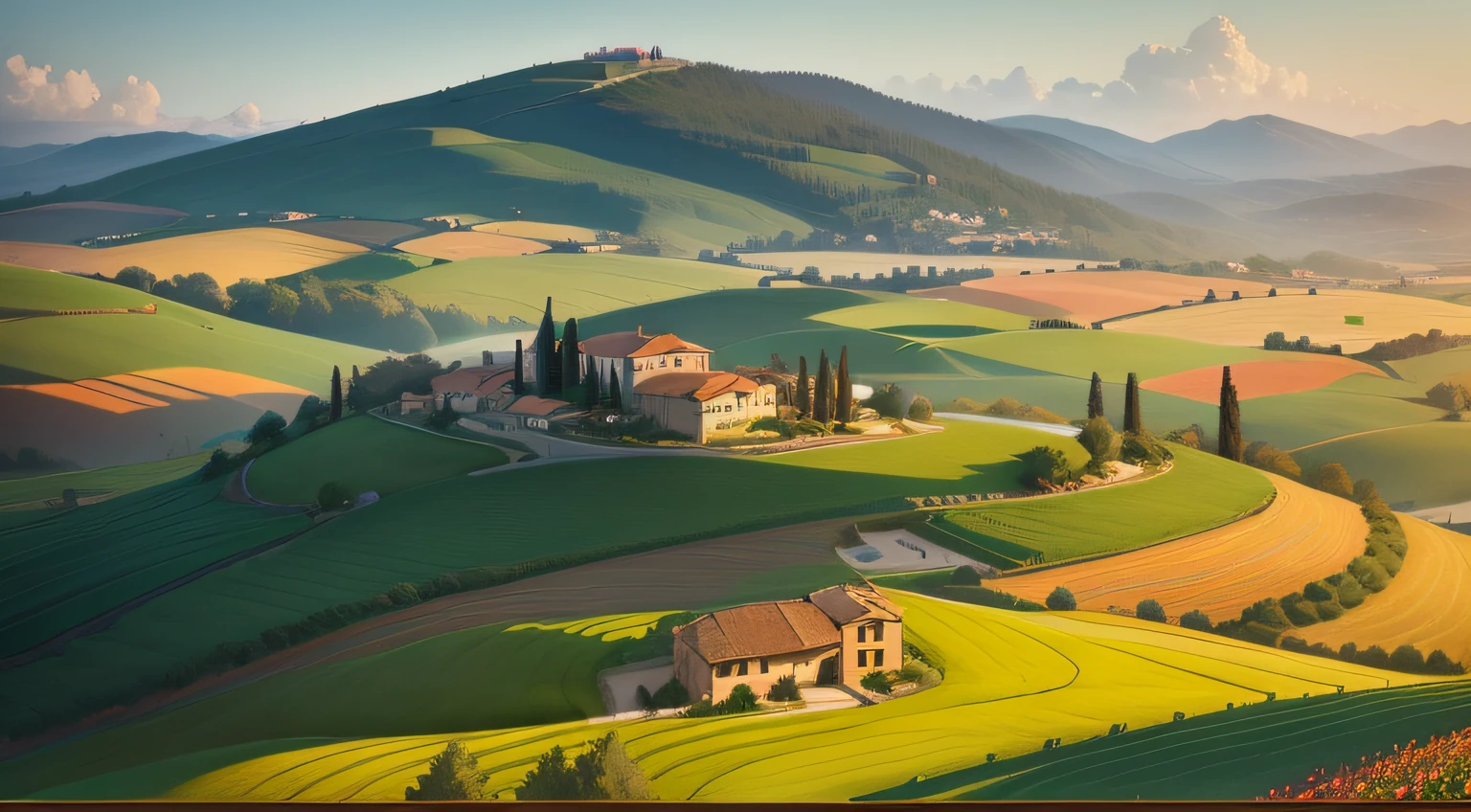farmland art tuscany, in the style of art nouveau-inspired illustrations, bold landscapes, earthy tones, whistlerian, rich and immersive, 2d game art, colorful imagery