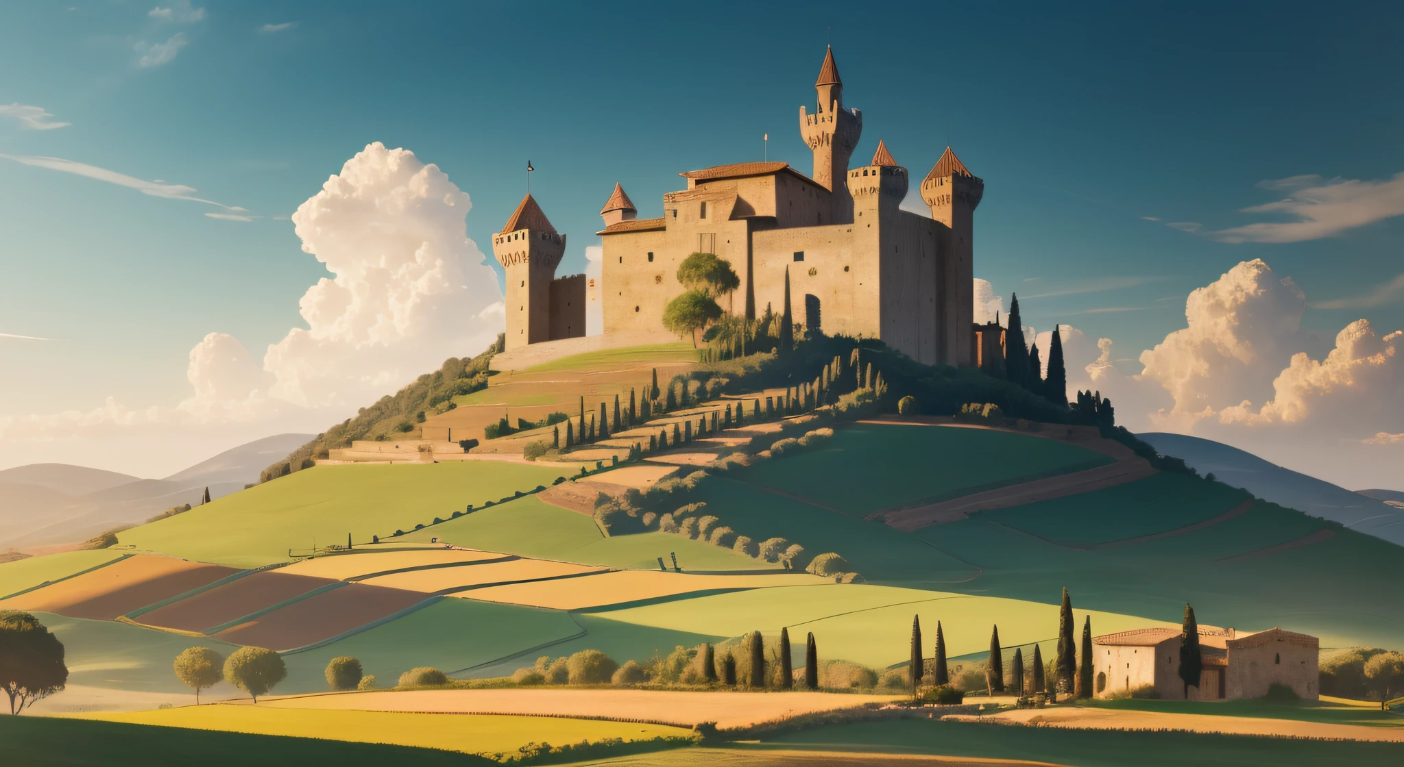 Tierras de cultivo y una colina y en lo alto un majestuoso castillo Arte Toscana, en el estilo de las ilustraciones inspiradas en el Art Nouveau, Paisajes audaces, tonos terrosos, Rico e inmersivo, Arte del juego 2D, Colorful images