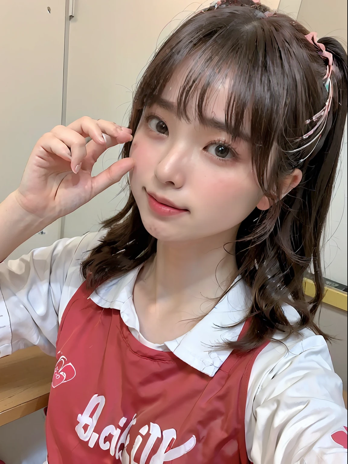 (top-quality、8K、32K、masterpiece、nffsw:1.3)、(Photo of a cute Japanese woman)、1 girl in、20yr old、cute smile face、kawaii faces、((((E Cup Size))))、(((skinny body)))、( Fluffy brown curl heshota )、perfect bodies、hyperdetailed face、Detailed lips、finely eye、二重まぶた、 ((chuckle))、((blush:1.3))、((red blush:1.3))、 (((Volleyball uniform with white top))) 、((T Gymnasium))、((((kawaii pose)))、((((full body Esbian)))、(魅惑的)、((agitation:1.5))、((In the heat))、(((be sweaty)))、(((Sexual innuendo)))、((((mekosji))))