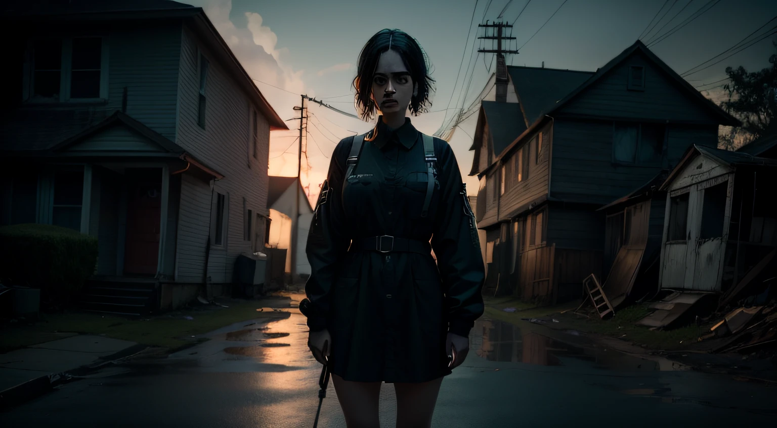 Crie uma imagem de uma investigadora paranormal, Sarah, Using your special equipment to unravel the mysteries of the burned house. She must be standing in the driveway of the house, holding a flashlight to illuminate the darkness. Ao seu redor, as sombras devem ganhar vida, portraying the unexplained events that occur during his investigation.