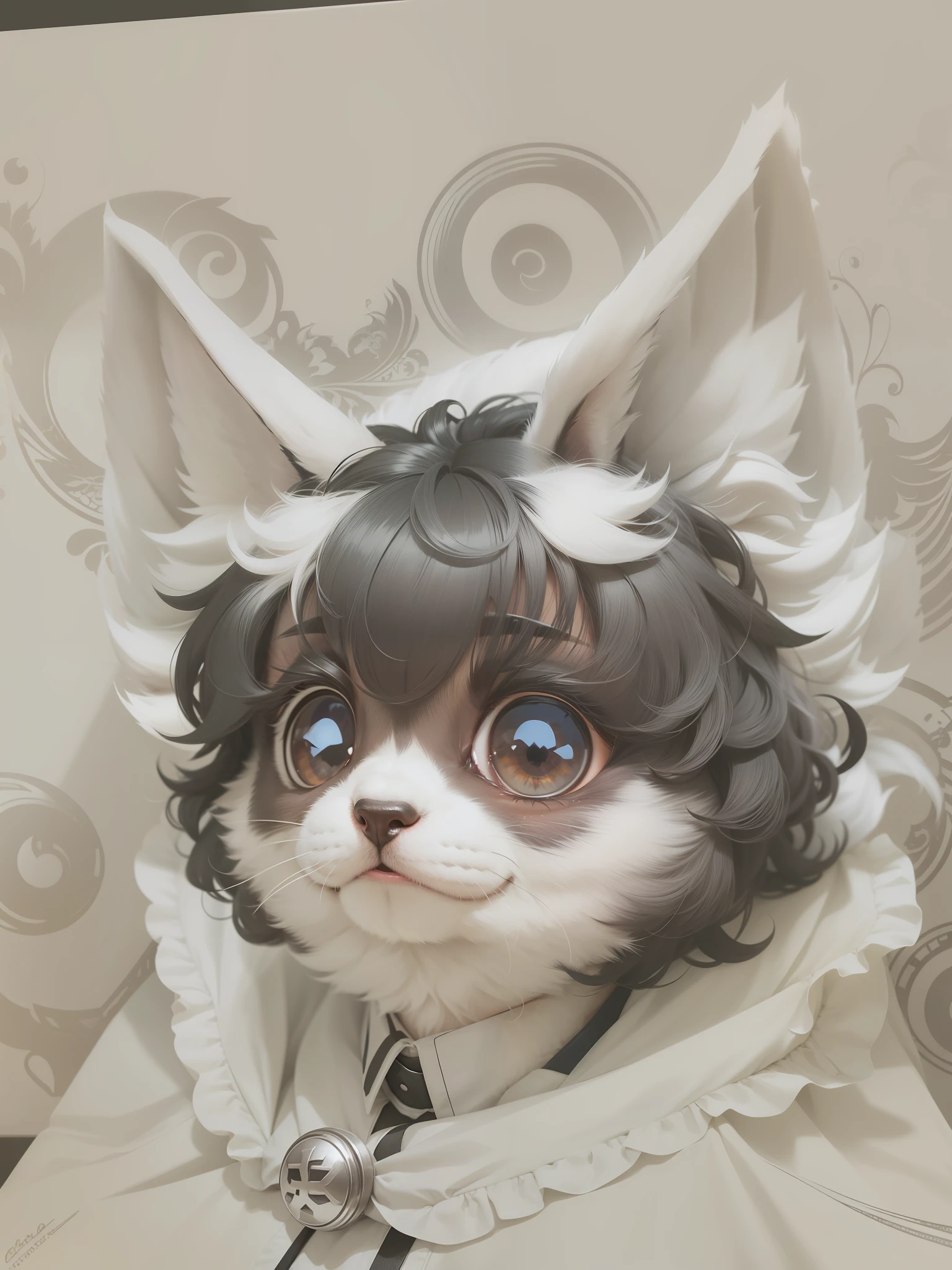 with black curled hair，Fluffy ears，White collar，Dark brown eyes are cute，Handsome，furry，There are small black rectangular stripes under the corners of the eyes，The upper part of the face is light gray hair