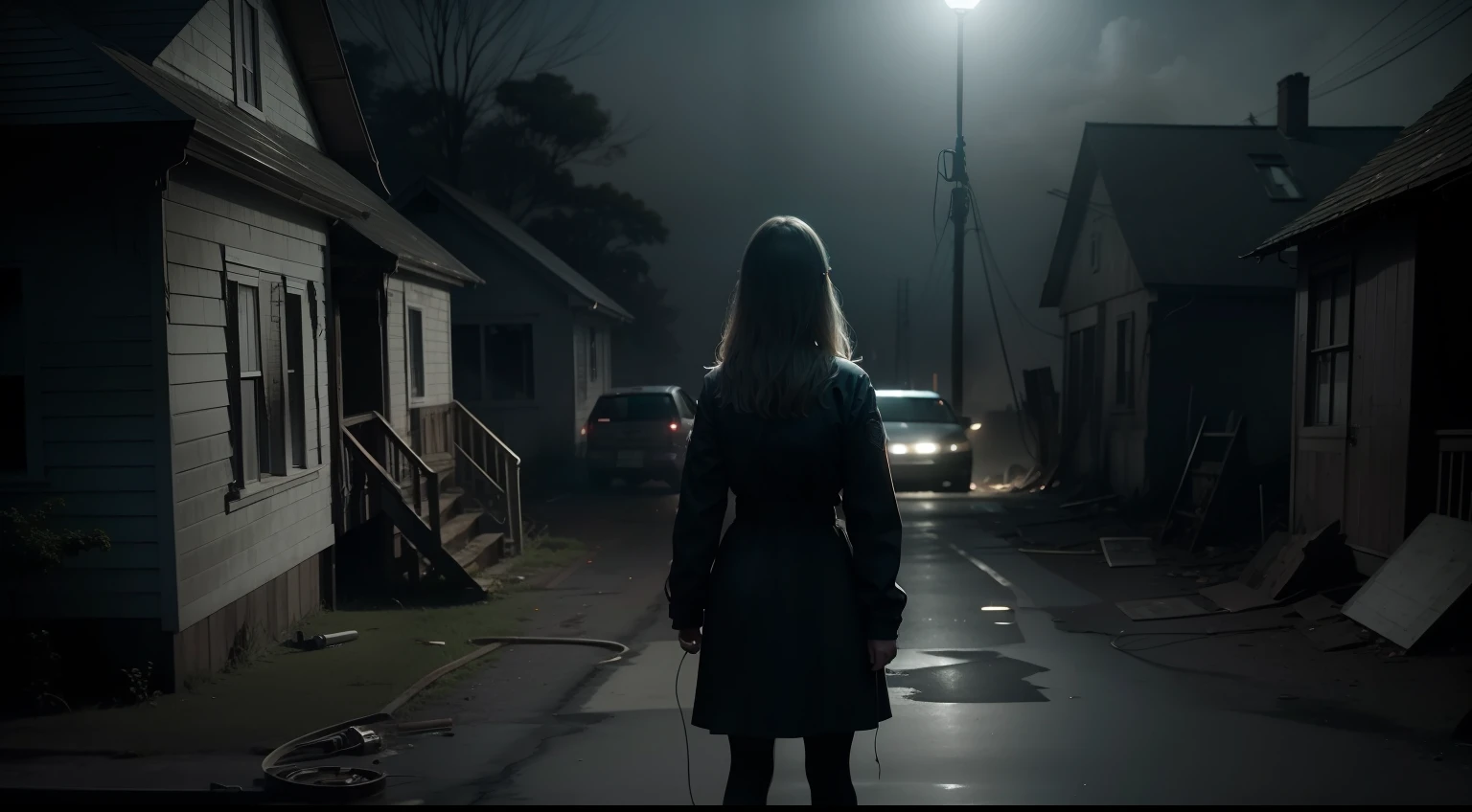 Crie uma imagem de uma investigadora paranormal, Sarah, Using your special equipment to unravel the mysteries of the burned house. She must be standing in the driveway of the house, holding a flashlight to illuminate the darkness. Ao seu redor, as sombras devem ganhar vida, portraying the unexplained events that occur during his investigation.
