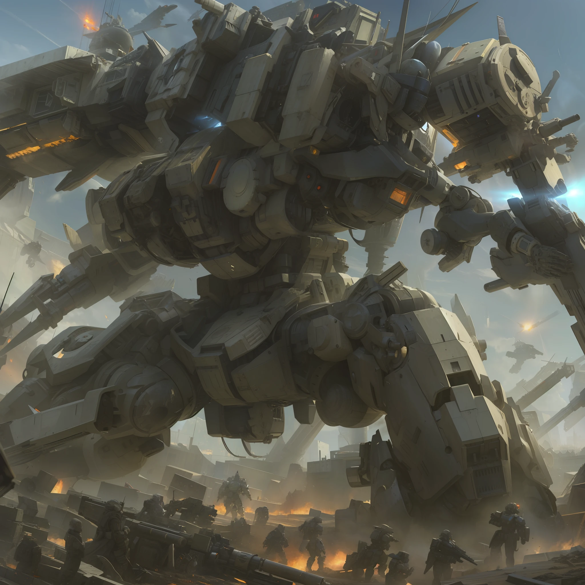 (absurdres, highres, ultra detailed),(Masterpiece, best quality:1.2),1mecha, mechanical marvel, absolutely stunning machinery, extremely detailed, walking through a battlefield,sky filled with bullets, surrounded by broken machines,dark sci-fi