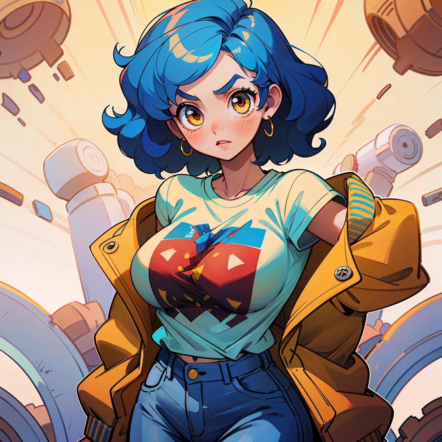 (1 girl), (solo), white t-shirt, yellow jacket, short blue hair, wavy blue hair, brown eyes, strong build, athletic body, big boobs, jeans, (high quality), (hd), (very detailed) ), curly hair, broad shoulders, all white shirt, ((T-shirt without print)), wide waist, slightly chubby, totally white shirt