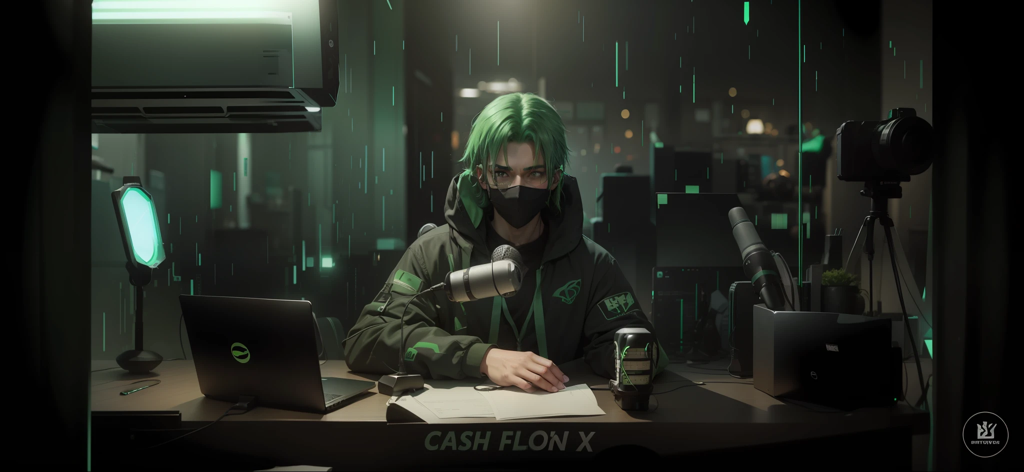 A man with green hair, a black laptop, microphone.